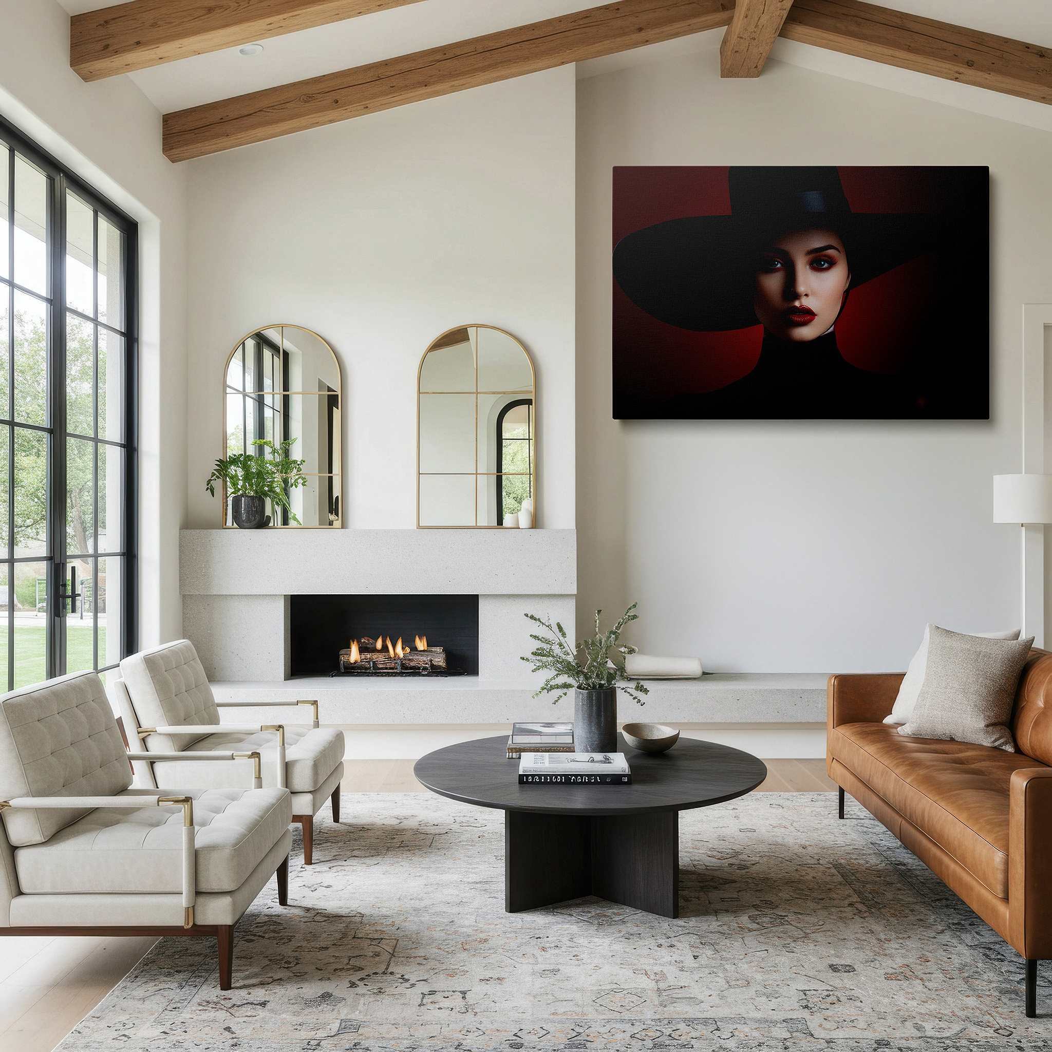 Featured in a dining room with dark wood furniture and candlelight — contemporary chic: striking large wall art featuring a bold model in a black hat and red makeup, perfect for office or bedroom decor