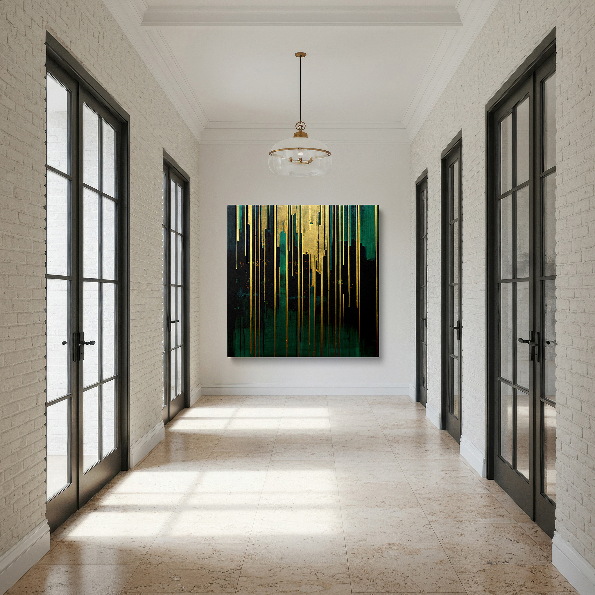 Featured in a dining room with dark wood furniture and candlelight — contemporary creativity captured: vivid green and rich gold lines large wall art, canvas wall art, wall decor for office