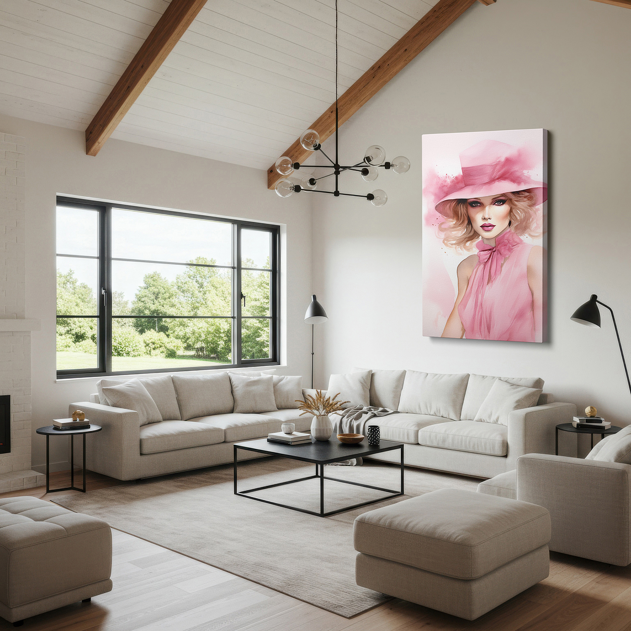 Featured in a dining room with dark wood furniture and candlelight — contemporary feminine elegance in pink: a portrait of confidence and style - large canvas wall art for office and bedroom decor