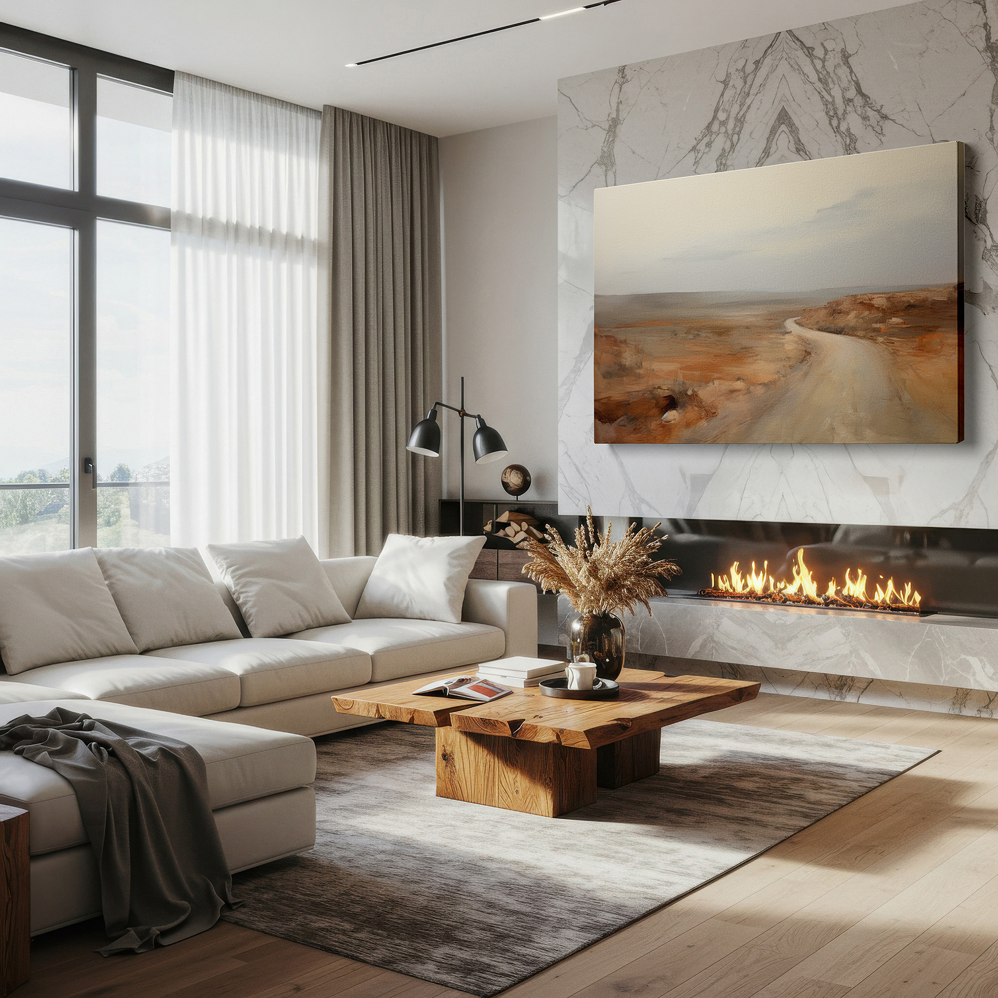 Featured in a dining room with dark wood furniture and candlelight — desert journey: solitude and adventure - large canvas wall art for office and bedroom decor