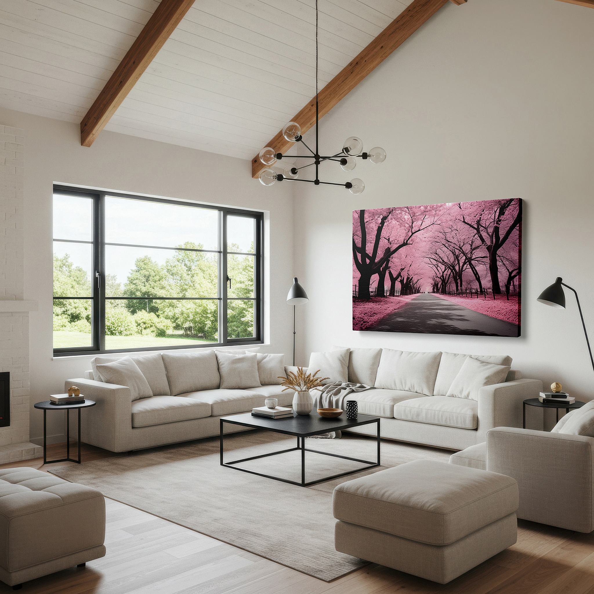 Featured in a dining room with dark wood furniture and candlelight — dreamy pink cherry blossom pathway large canvas wall art for office, bedroom, and living room decor