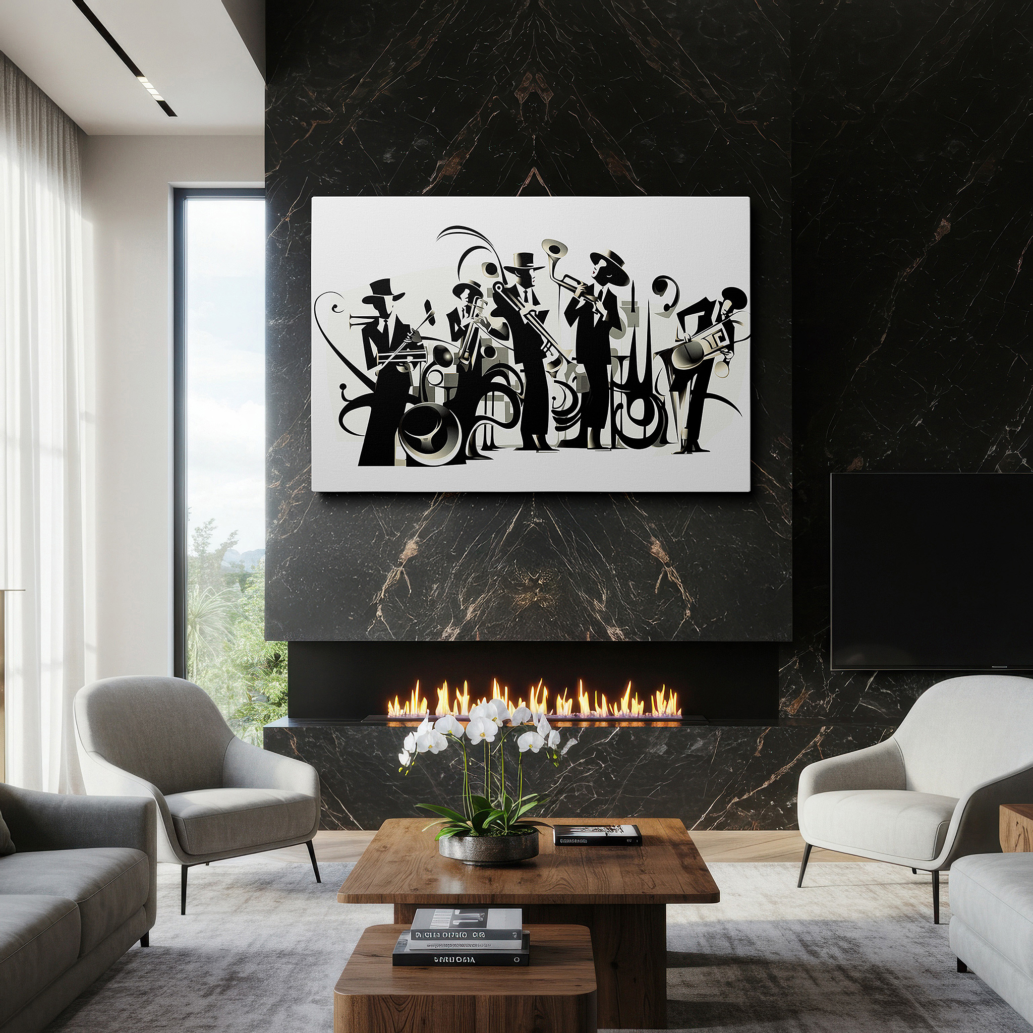 Featured in a dining room with dark wood furniture and candlelight — dynamic jazz band canvas art: live music essence in vibrant colors and abstract design, perfect for large wall spaces