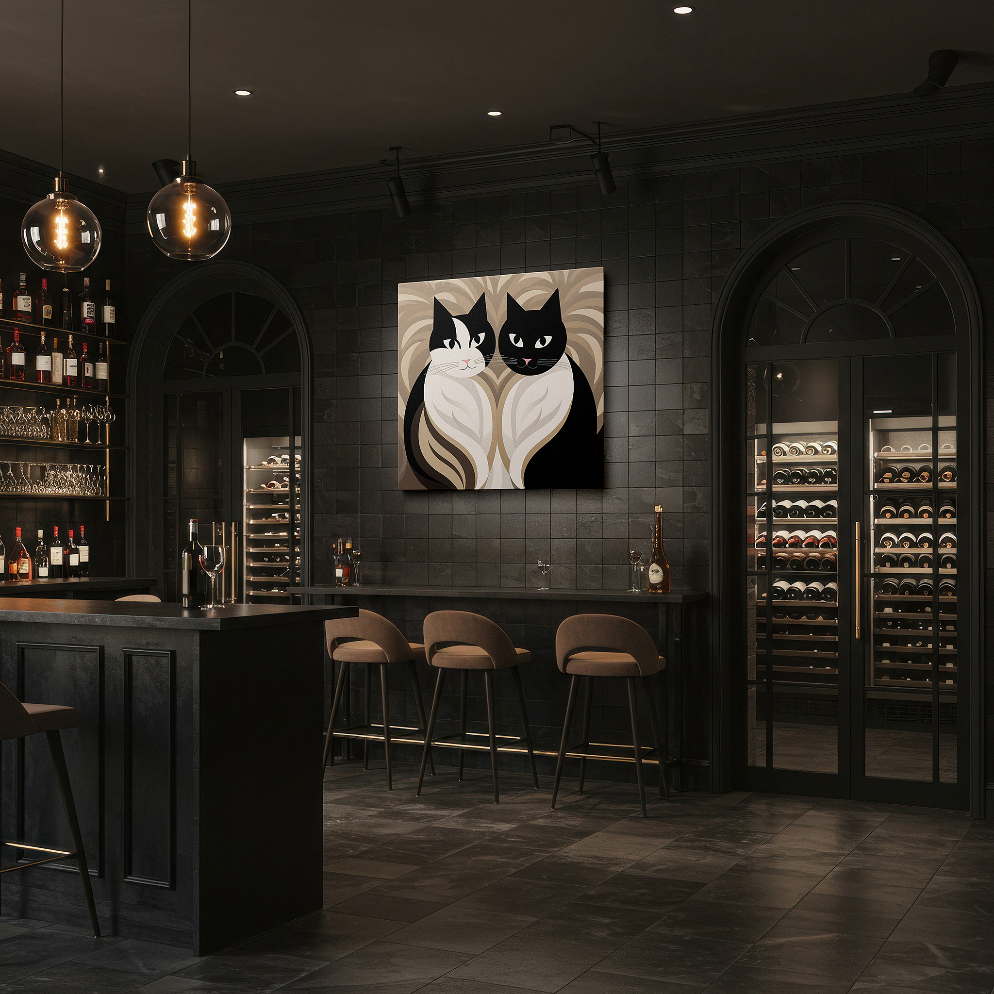 Featured in a dining room with dark wood furniture and candlelight — elegant black and white cat wall art showcasing grace and companionship, ideal for home and office decor, available as large canvas prints
