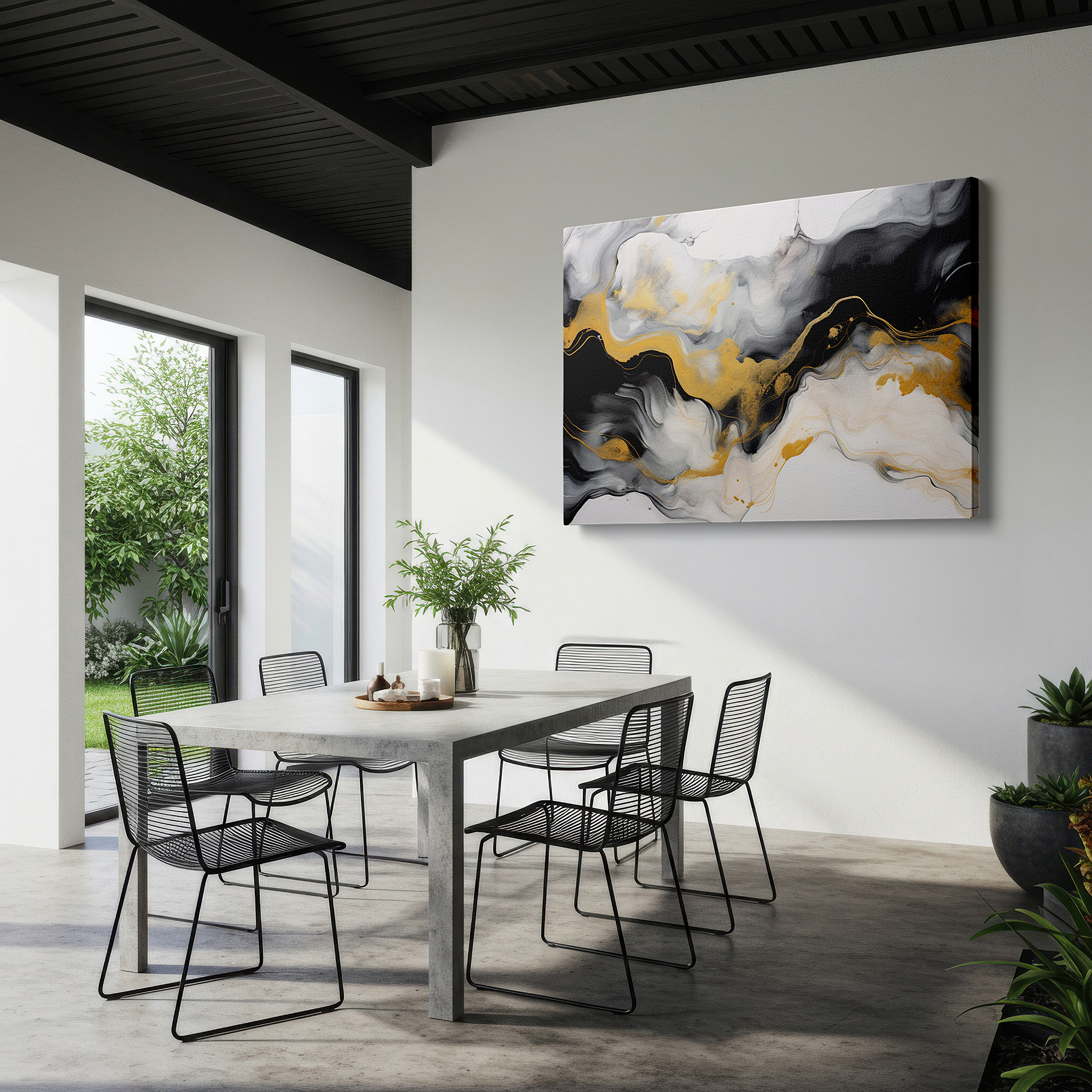 Featured in a dining room with dark wood furniture and candlelight — elegant fusion of rich blacks and luminous golds in abstract motion, large wall art, canvas wall art, wall decor for office and bedroom