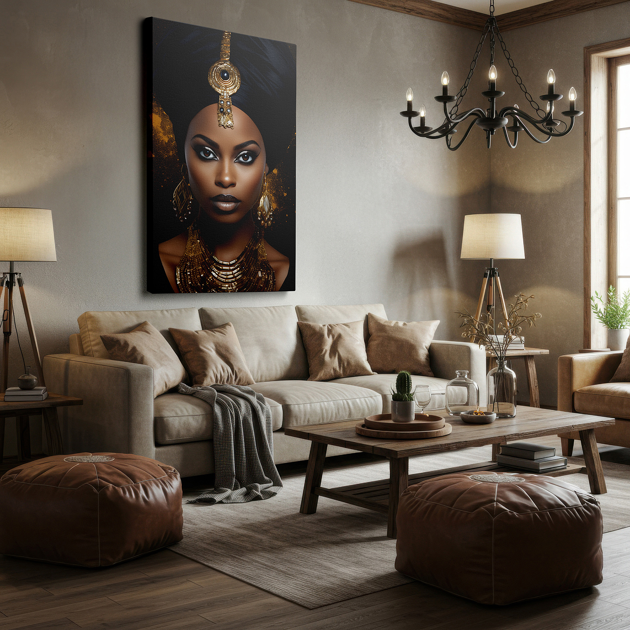 Featured in a dining room with dark wood furniture and candlelight — elegant lady cloaked in gold, symbolizing cultural legacy and pride - large wall art, canvas wall art, wall decor for office and bedroom