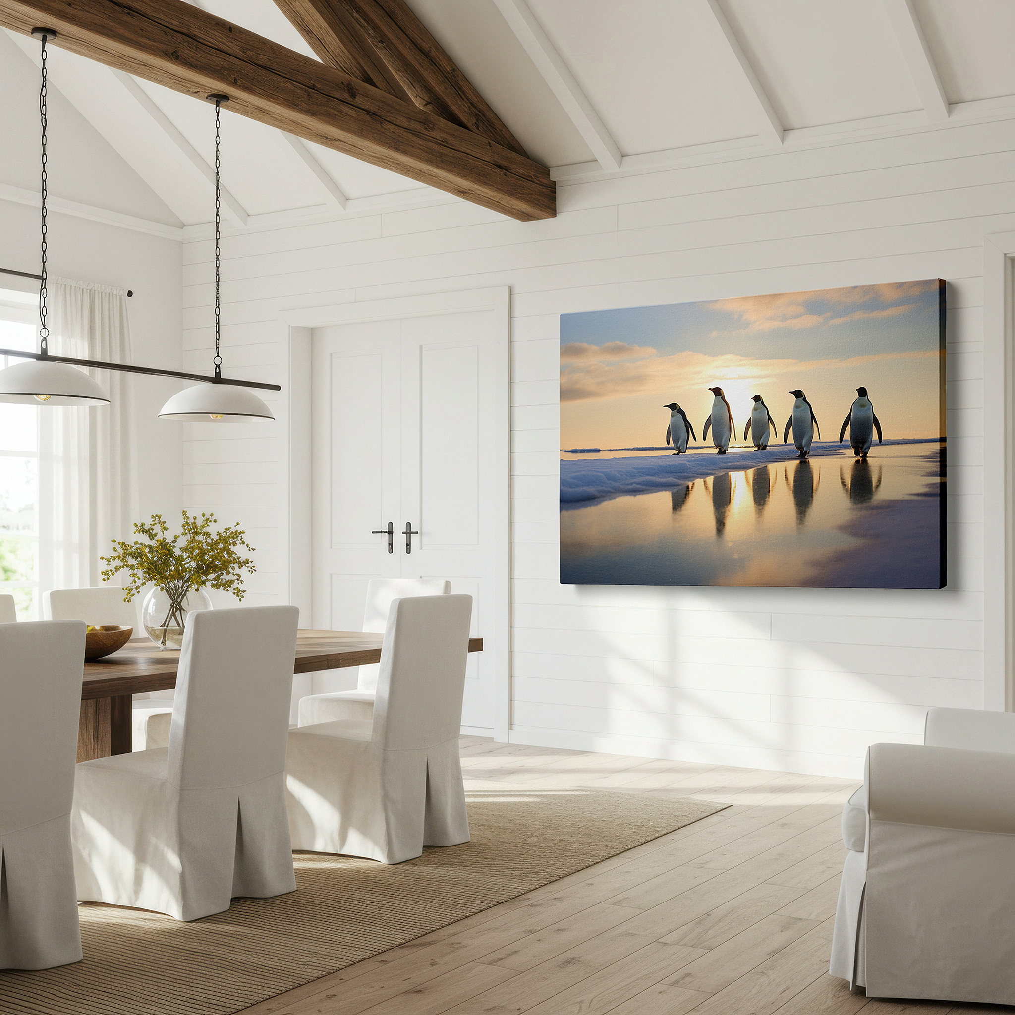 Featured in a dining room with dark wood furniture and candlelight — elegant penguins at sunset by a shimmering icy shoreline - large canvas wall art for office, bedroom, and living room decor