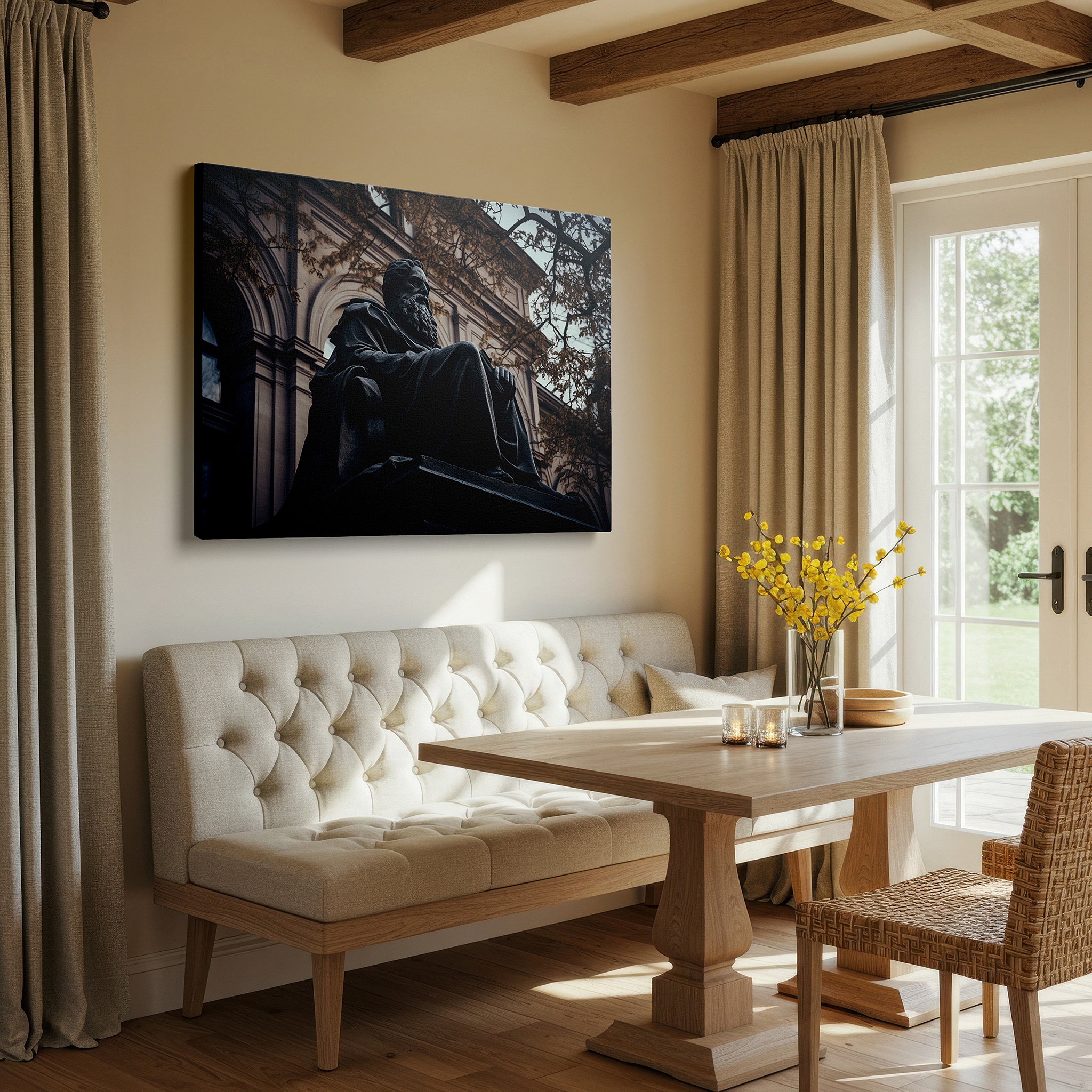 Featured in a dining room with dark wood furniture and candlelight — elegant scholarly reflections: large canvas wall art featuring a wise philosopher, perfect for office or bedroom decor