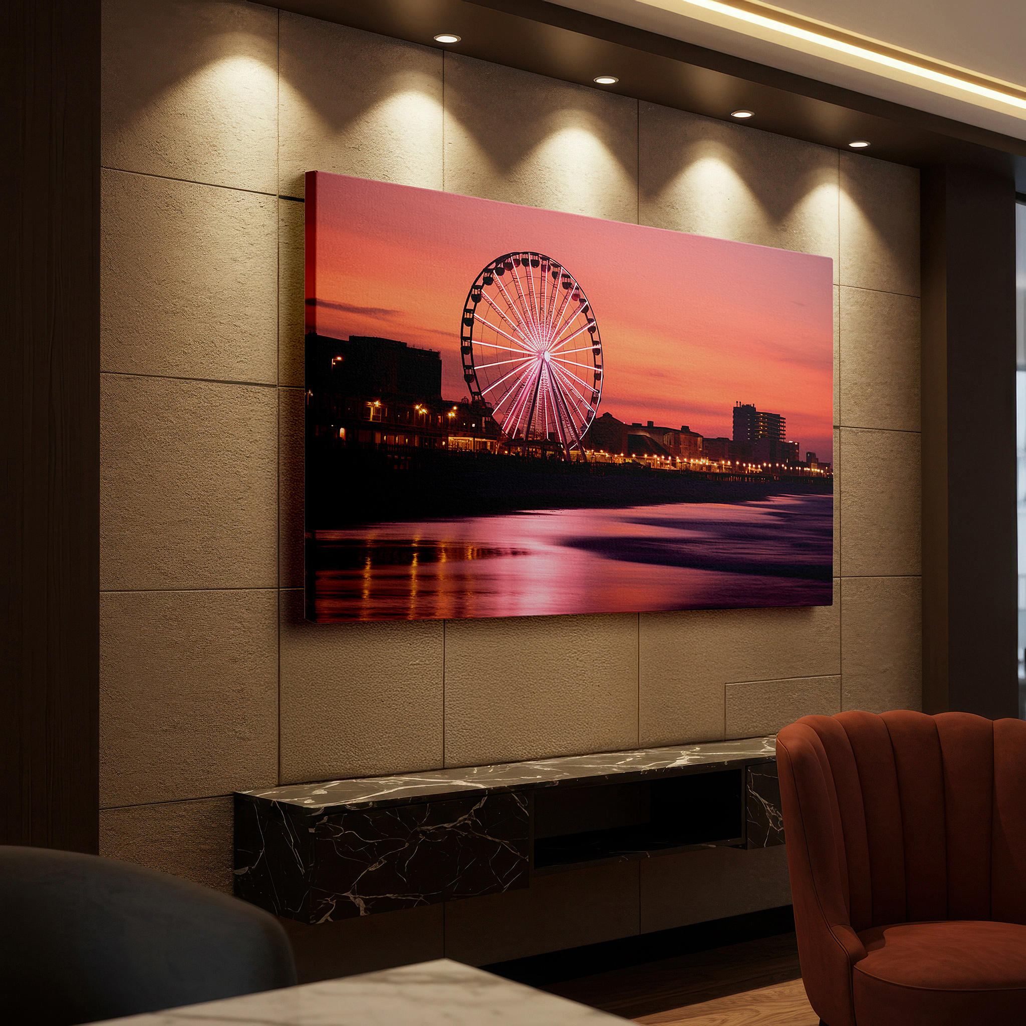 Featured in a dining room with dark wood furniture and candlelight — enchanted evening at the beachside amusement park featuring an illuminated ferris wheel and sunset reflections, large canvas wall art decor