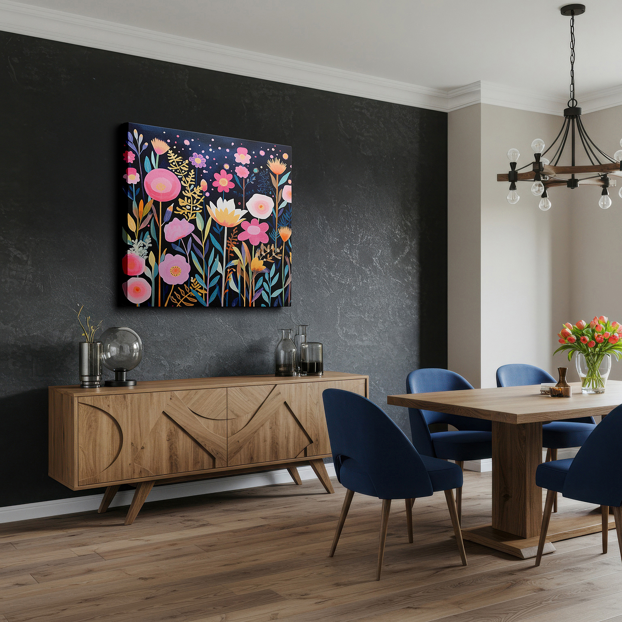 Featured in a dining room with dark wood furniture and candlelight — enchanted garden featuring vivid pinks, bright yellows, and pure whites - large canvas wall art for home and office decor