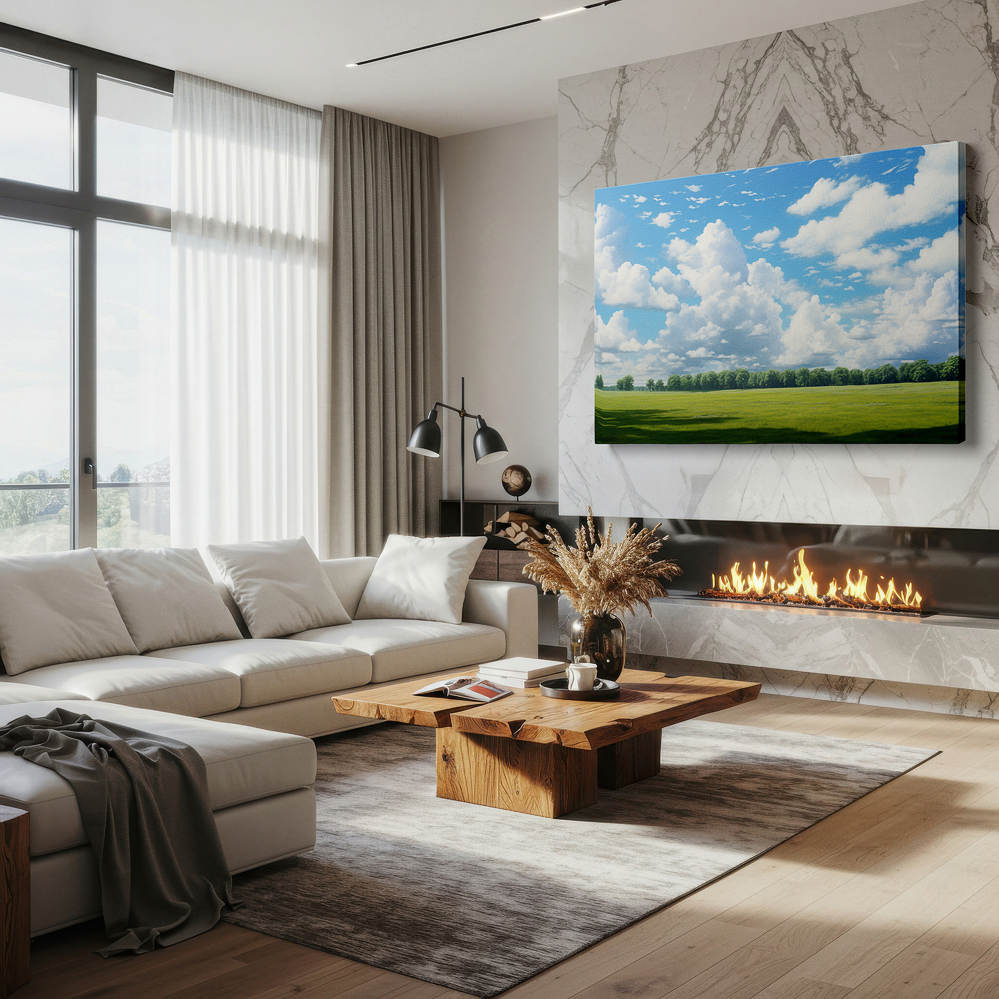 Featured in a dining room with dark wood furniture and candlelight — expansive green meadow beneath bright blue sky, serene nature scene large wall art, canvas wall art, wall decor for office and bedroom