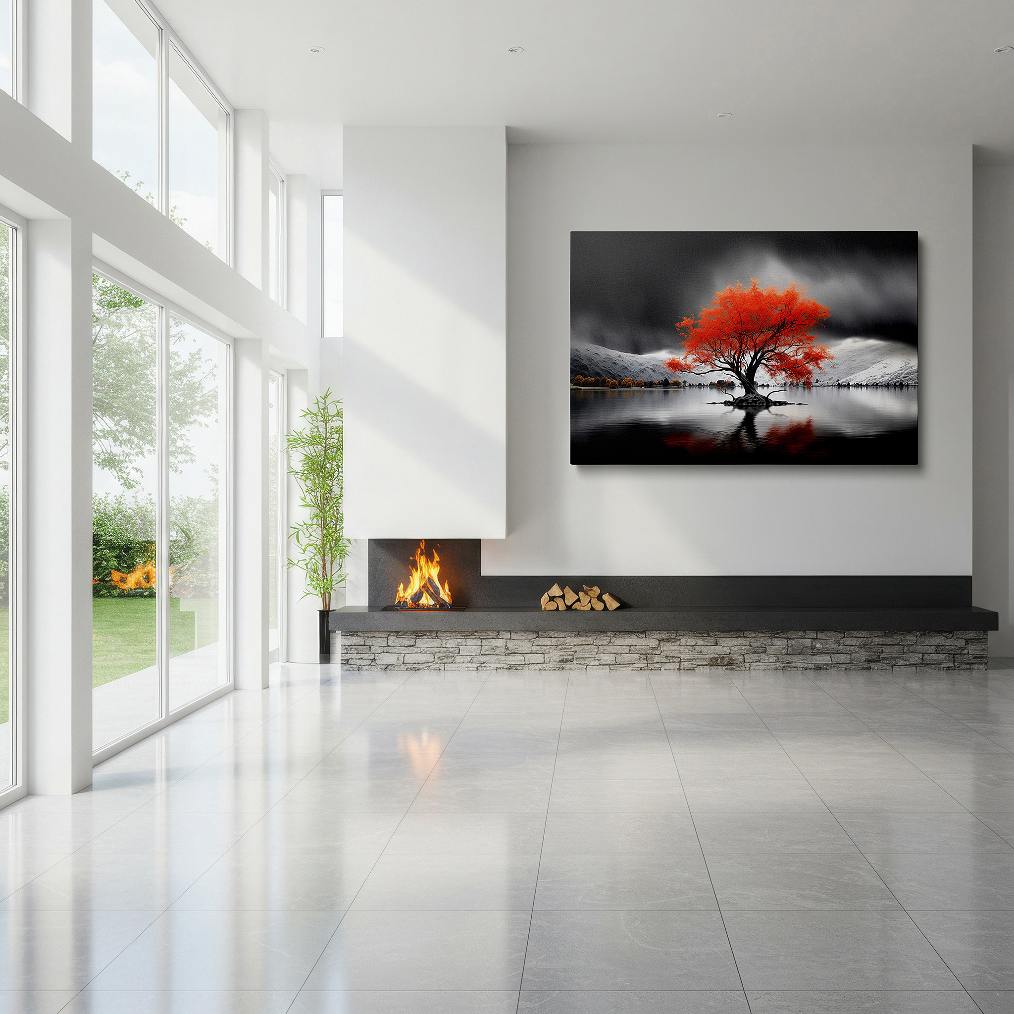 Featured in a dining room with dark wood furniture and candlelight — fiery autumn tree against stark mountains: a symbol of life's fragility and strength - large wall art, canvas print, home and office decor
