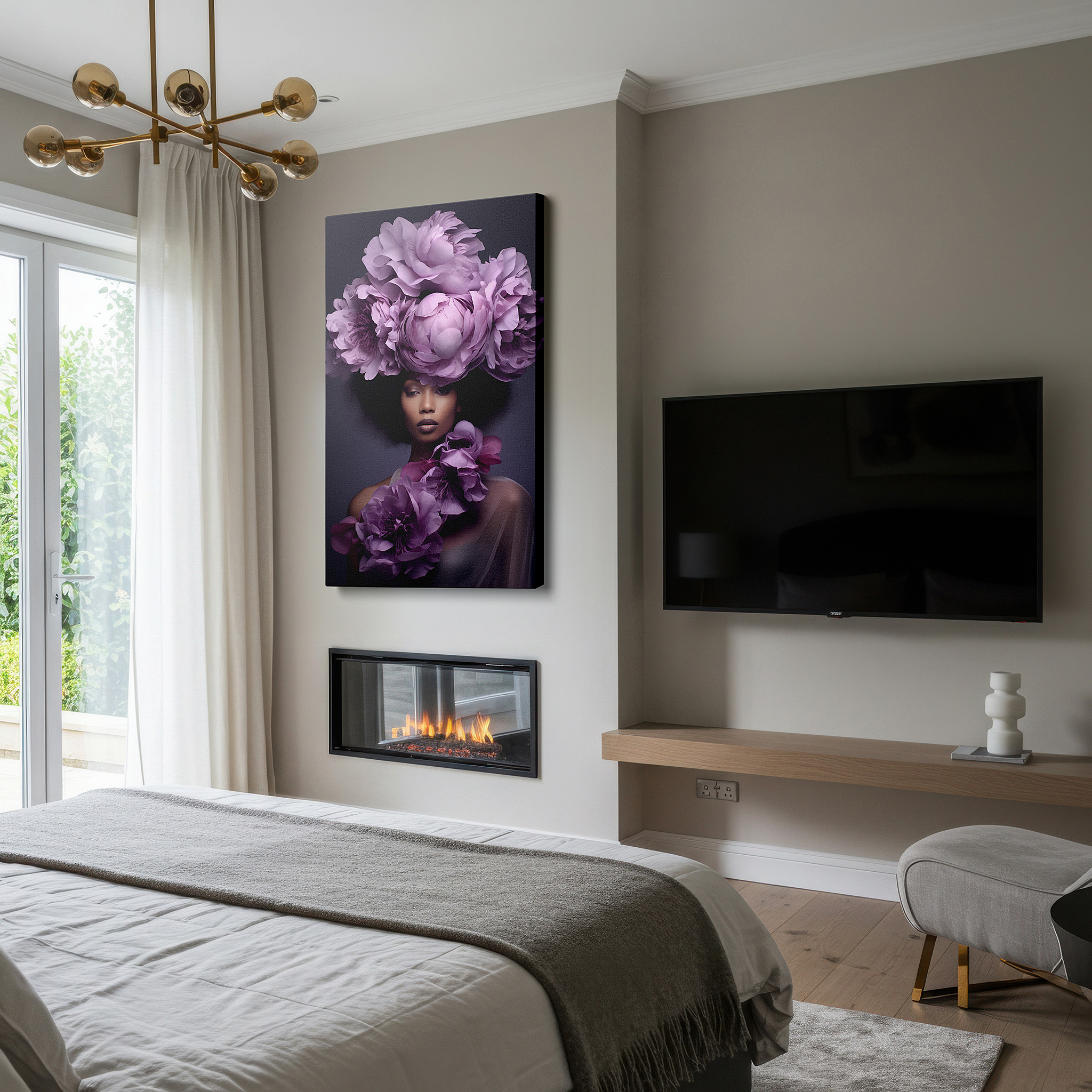 Featured in a dining room with dark wood furniture and candlelight — floral elegance: femininity and empowerment - large canvas wall art for office, bedroom, and living room decor