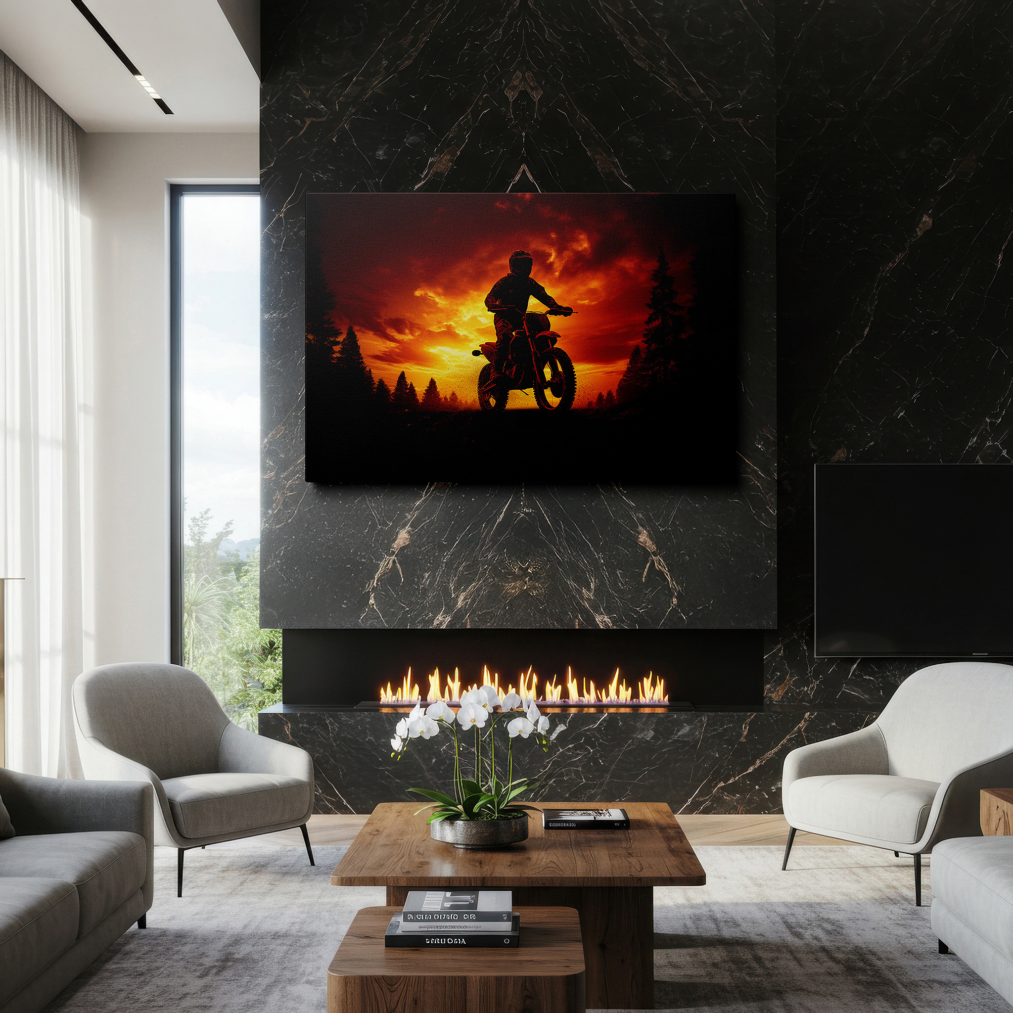 Featured in a dining room with dark wood furniture and candlelight — freedom's silhouette - motorcycle adventure sunset canvas: large wall art for office and bedroom decor