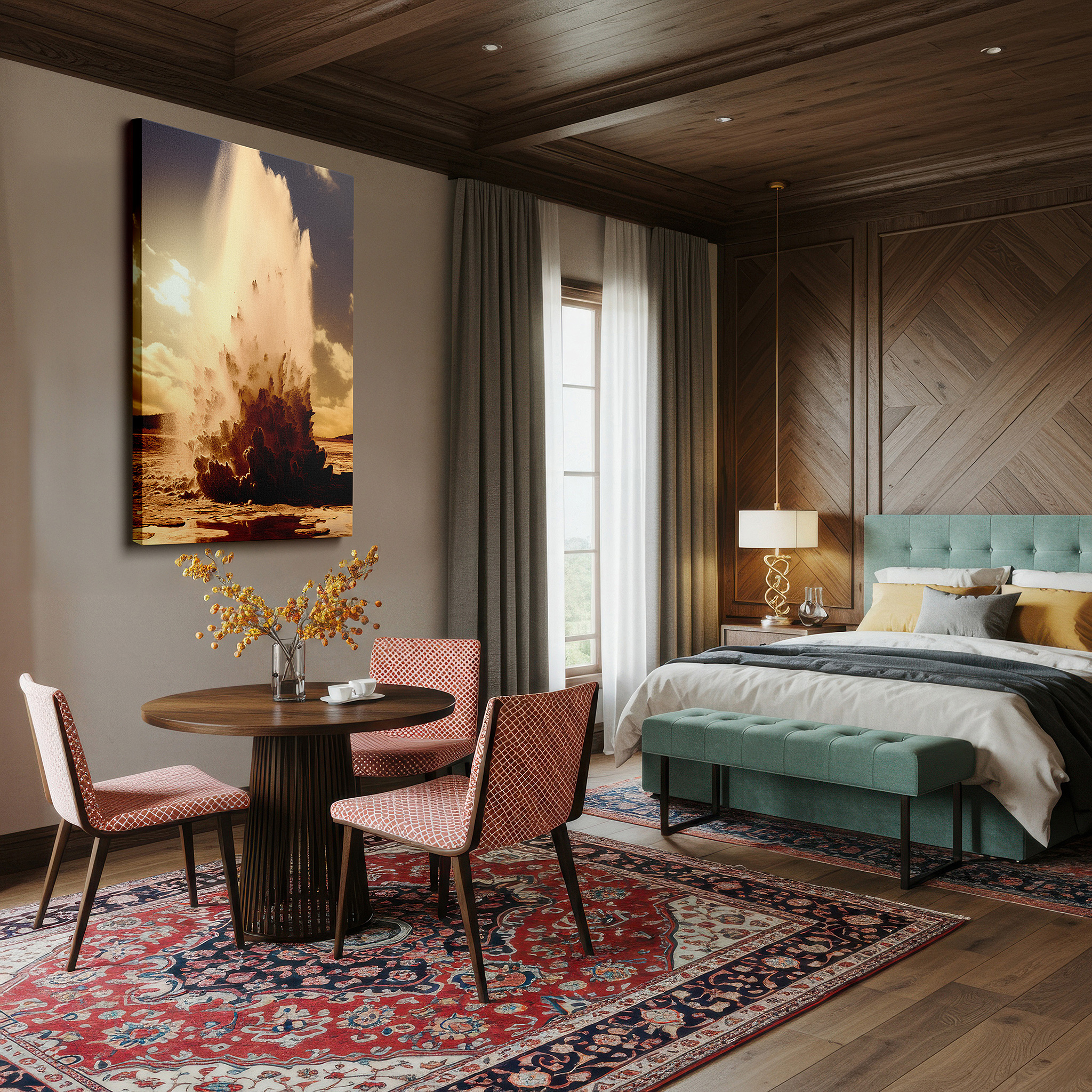 Featured in a dining room with dark wood furniture and candlelight — geyser eruption in wild majesty: a stunning exhibition of nature's force - large canvas wall art for office and bedroom decor