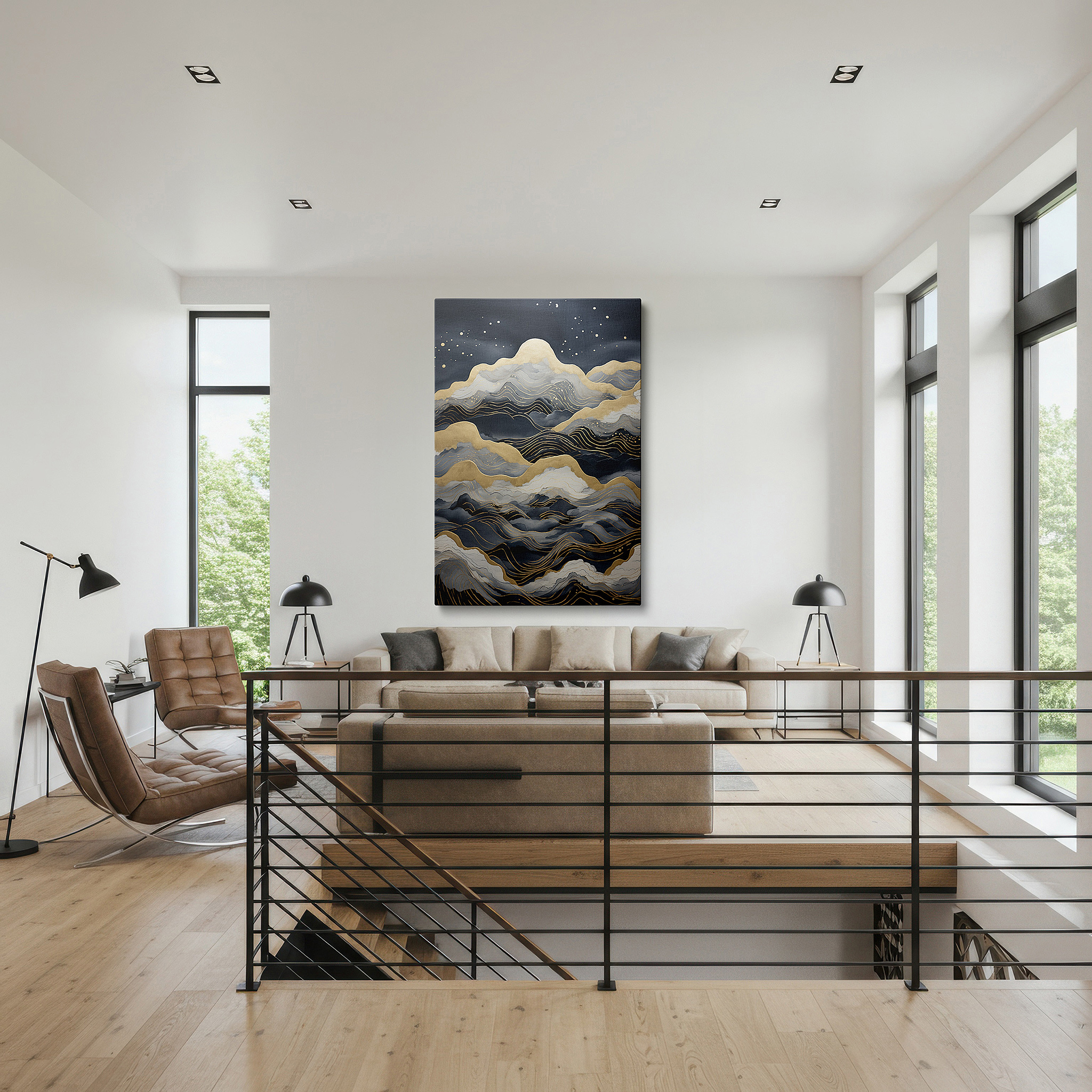 Featured in a dining room with dark wood furniture and candlelight — gold and blue oceanic waves: a masterpiece of movement and emotion - large canvas wall art for office and bedroom decor