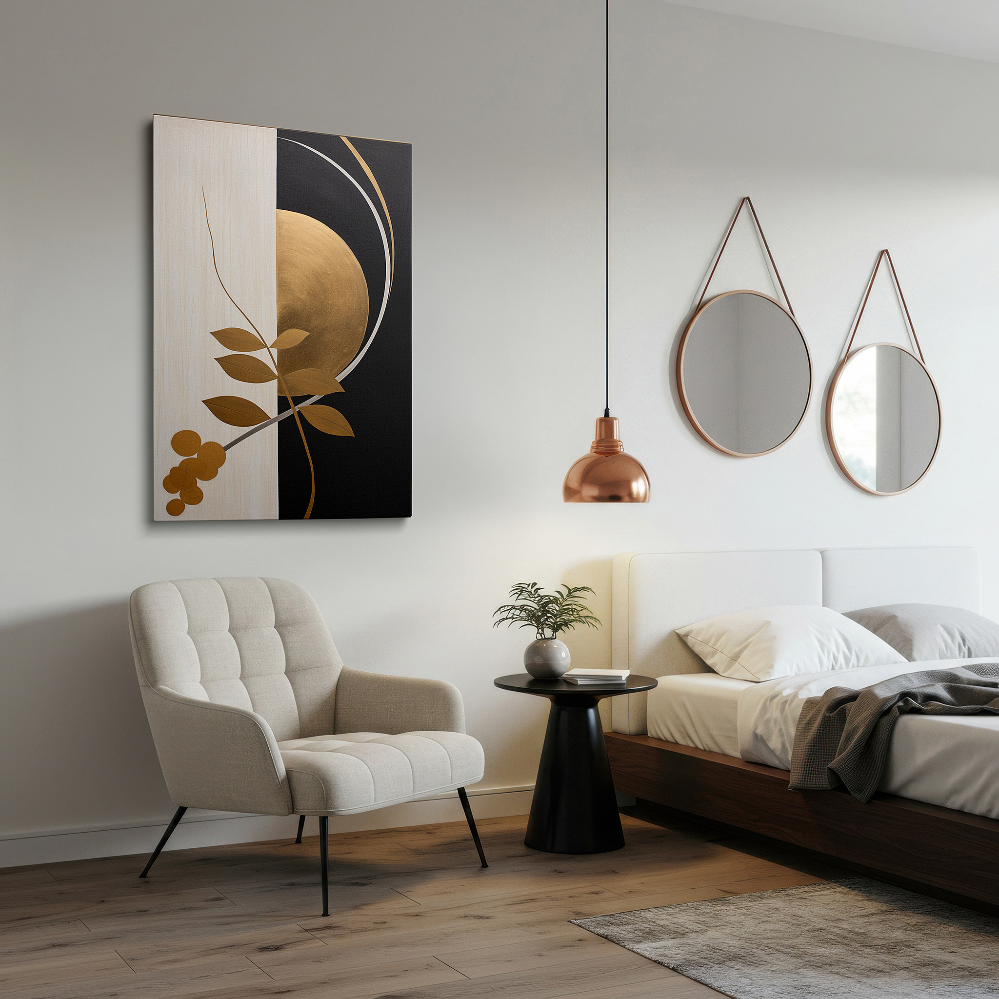 Featured in a dining room with dark wood furniture and candlelight — golden leaves circle in a bold dance, merging elegance with dramatic contrast - large wall art, canvas wall art, wall decor, office wall art