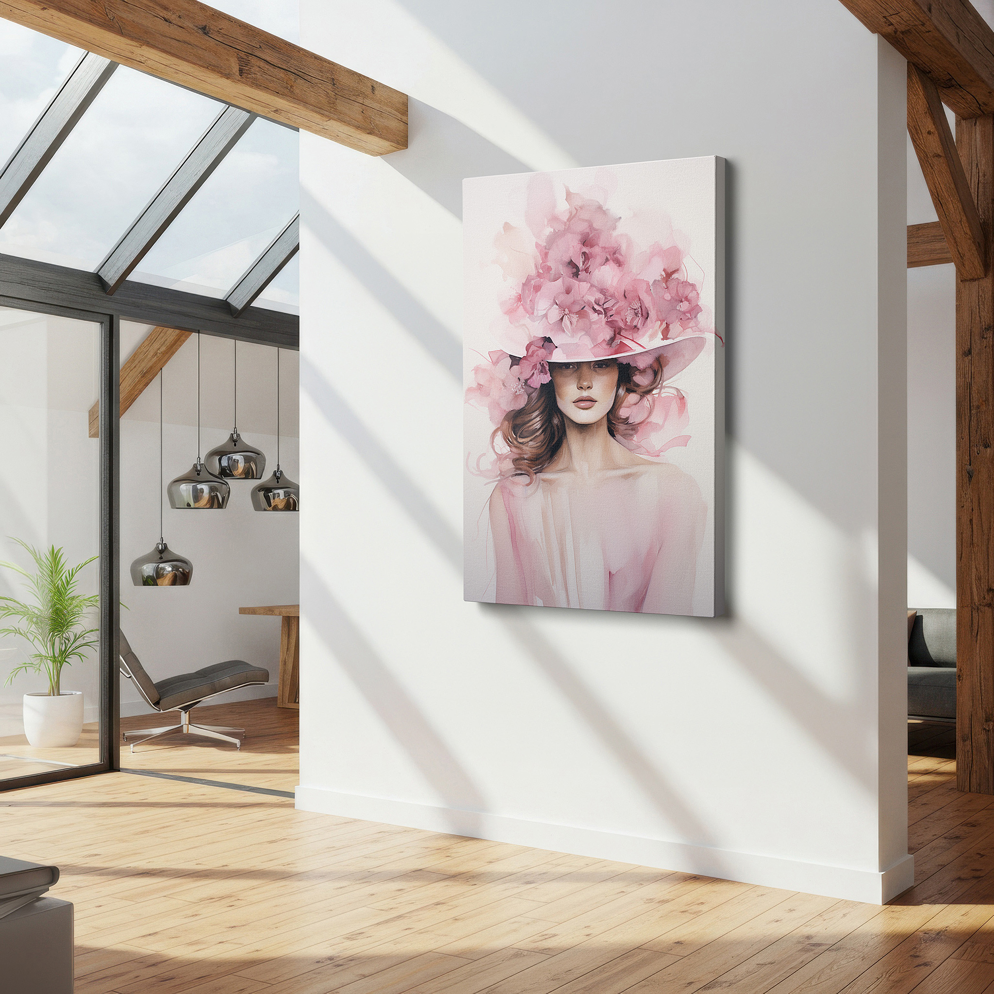 Featured in a dining room with dark wood furniture and candlelight — grace and bloom - tranquil depiction of a woman in a floral hat, soft pastel large canvas wall art for home and office decor