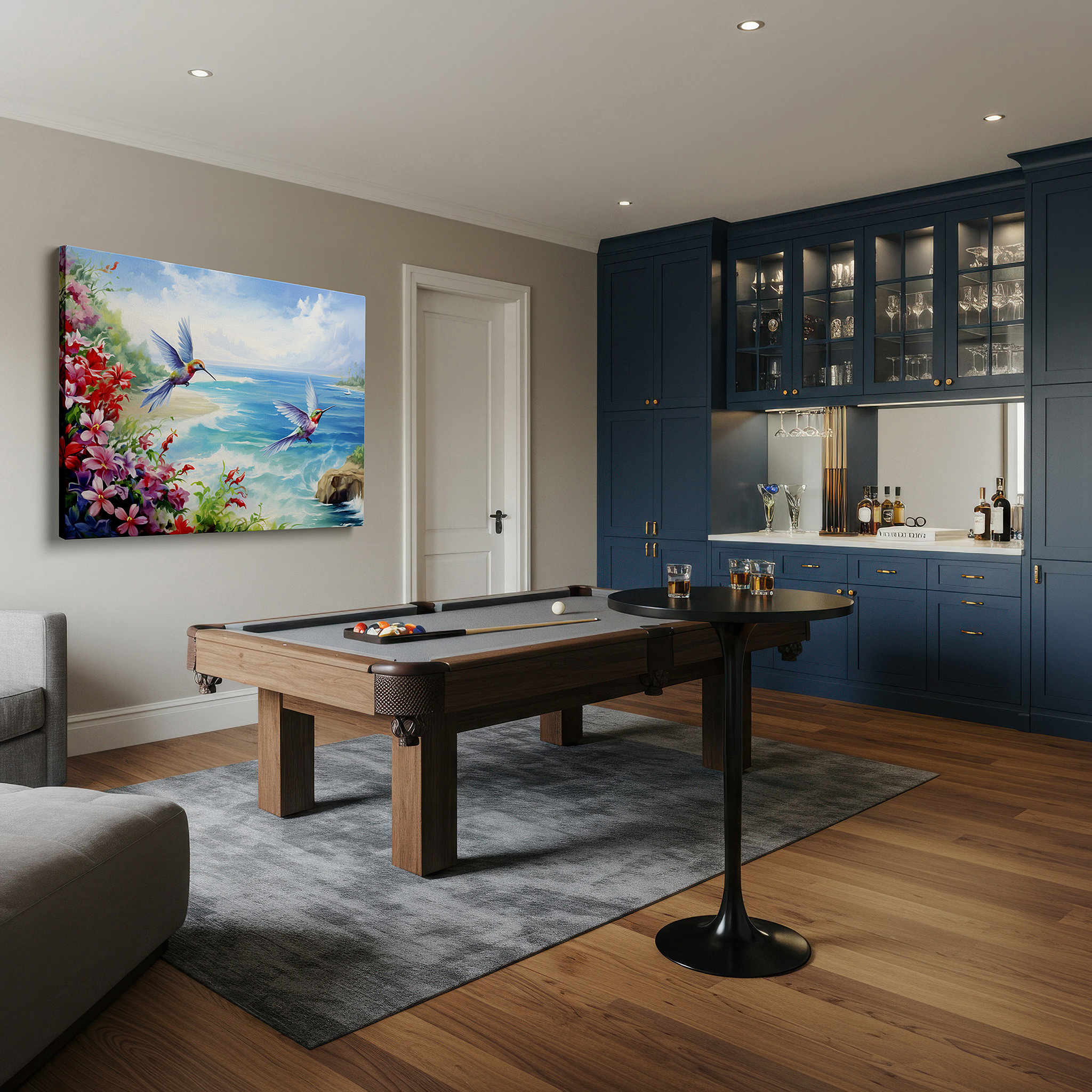 Featured in a dining room with dark wood furniture and candlelight — hummingbirds and tropical flowers with ocean view large wall art, canvas decor for office, bedroom, and living room