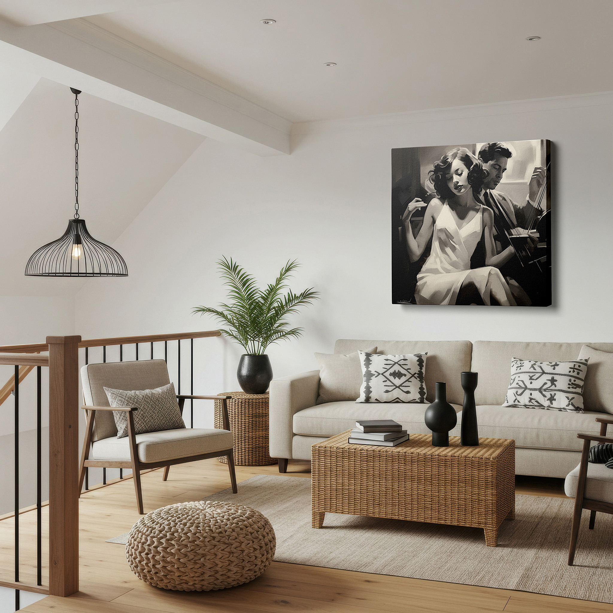 Featured in a dining room with dark wood furniture and candlelight — jazz club-themed timeless musical romance large wall art for office, bedroom, and living room decor