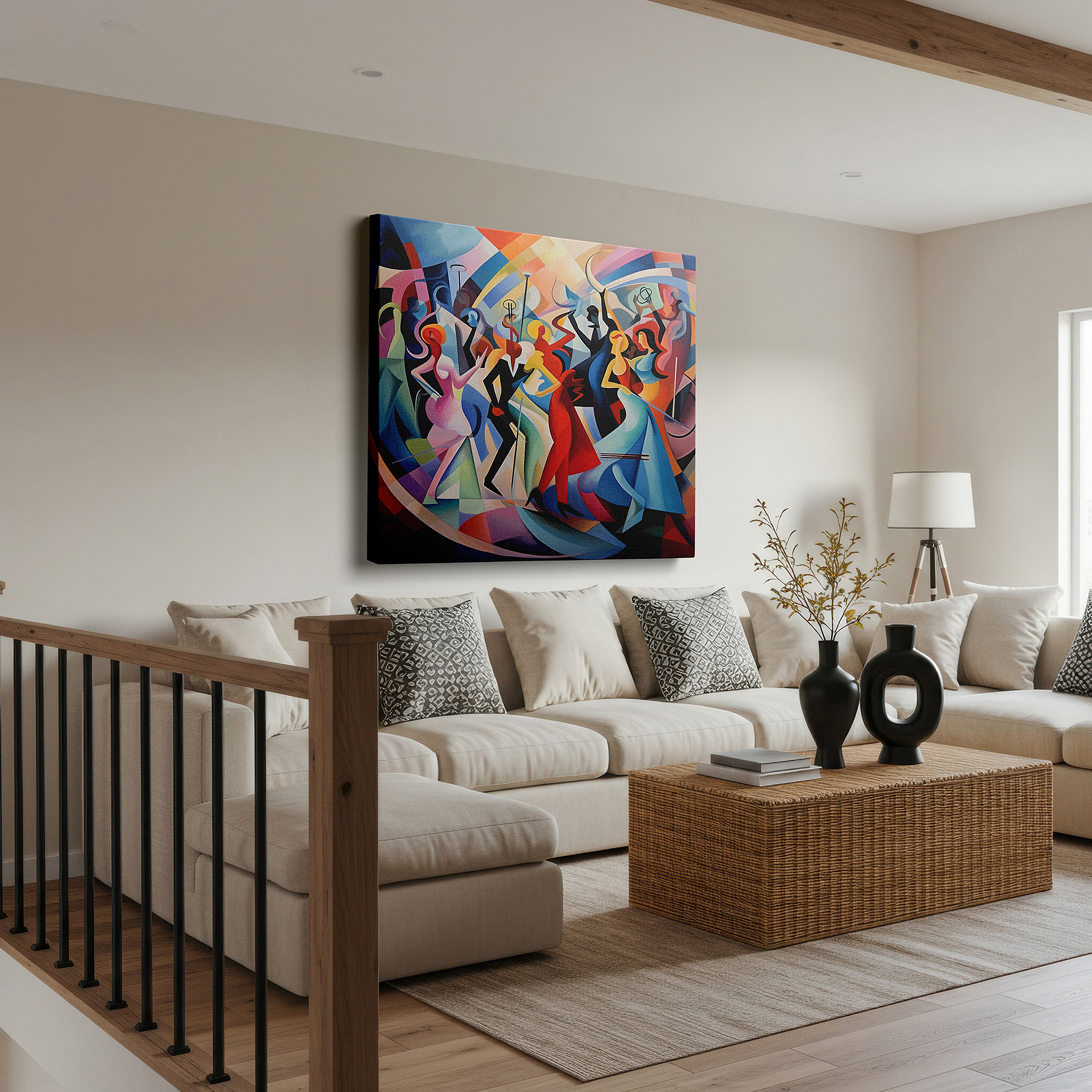 Featured in a dining room with dark wood furniture and candlelight — joyful abstract dance large canvas wall art in vibrant reds, blues, and whites for office and bedroom decor