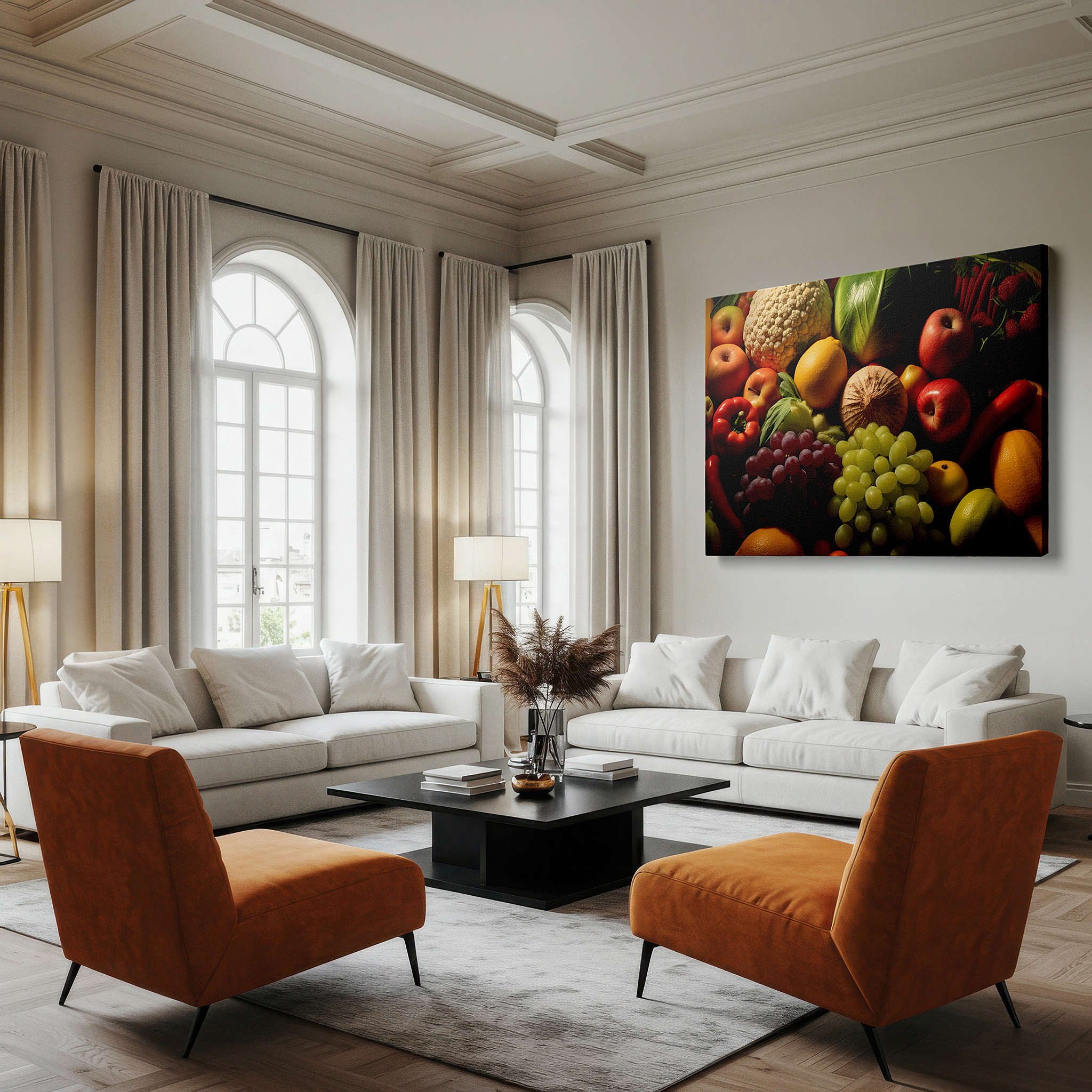 Featured in a dining room with dark wood furniture and candlelight — a lively celebration of nature's riches featuring fresh apples, succulent grapes, and bright peppers - large wall art, canvas wall art, wall decor for office