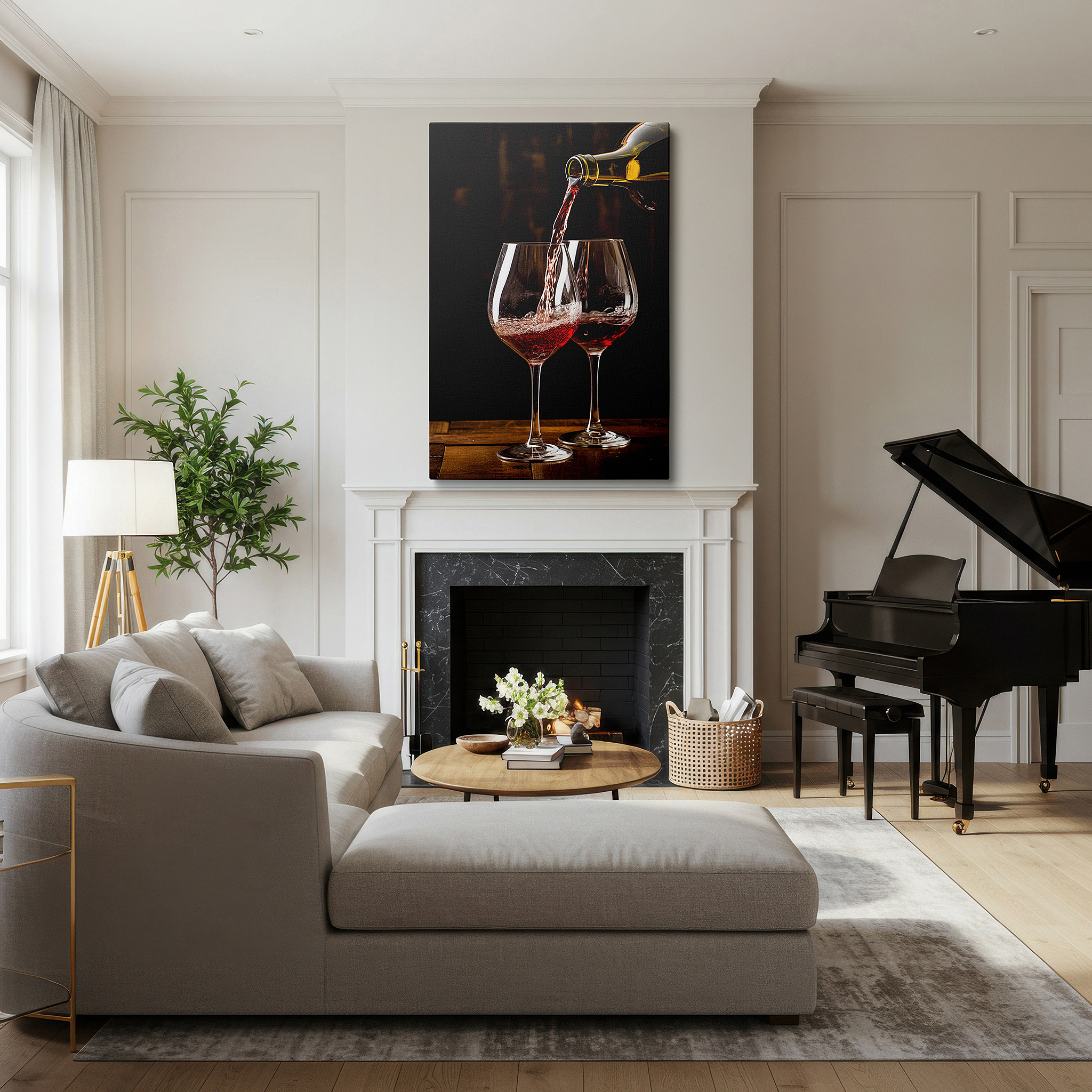 Featured in a dining room with dark wood furniture and candlelight — luxurious wall art featuring red wine pouring into elegant glasses, celebrating indulgence and craftsmanship, large canvas wall decor