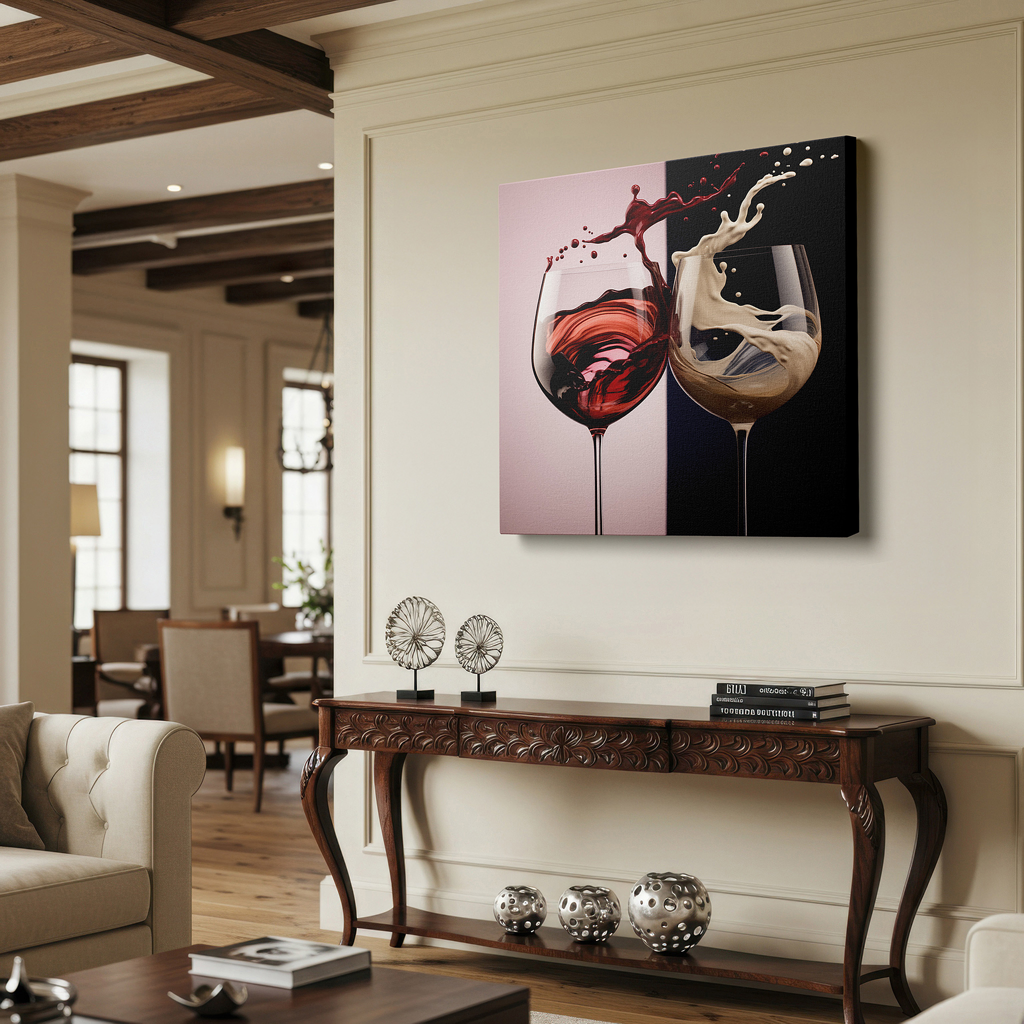 Featured in a dining room with dark wood furniture and candlelight — luxury toast wall art - rich red and creamy white celebratory splashes, large canvas wall art for office and bedroom decor