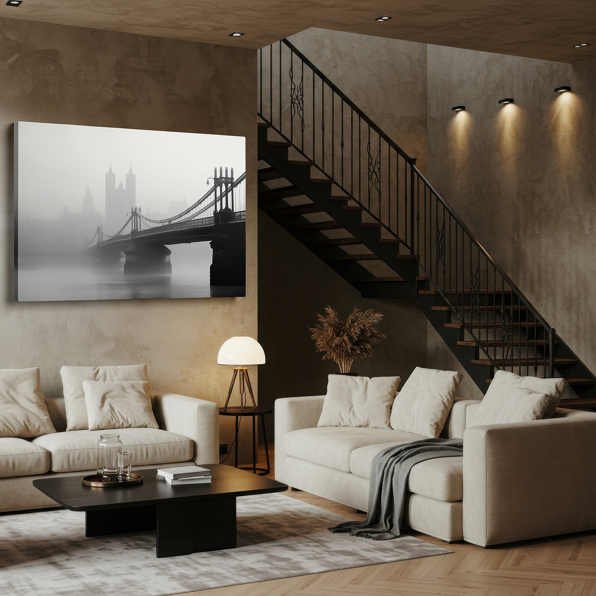 Featured in a dining room with dark wood furniture and candlelight — majestic bridge in mist - monochrome urban silhouette large wall art, canvas wall art, wall decor for office, bedroom, and living room