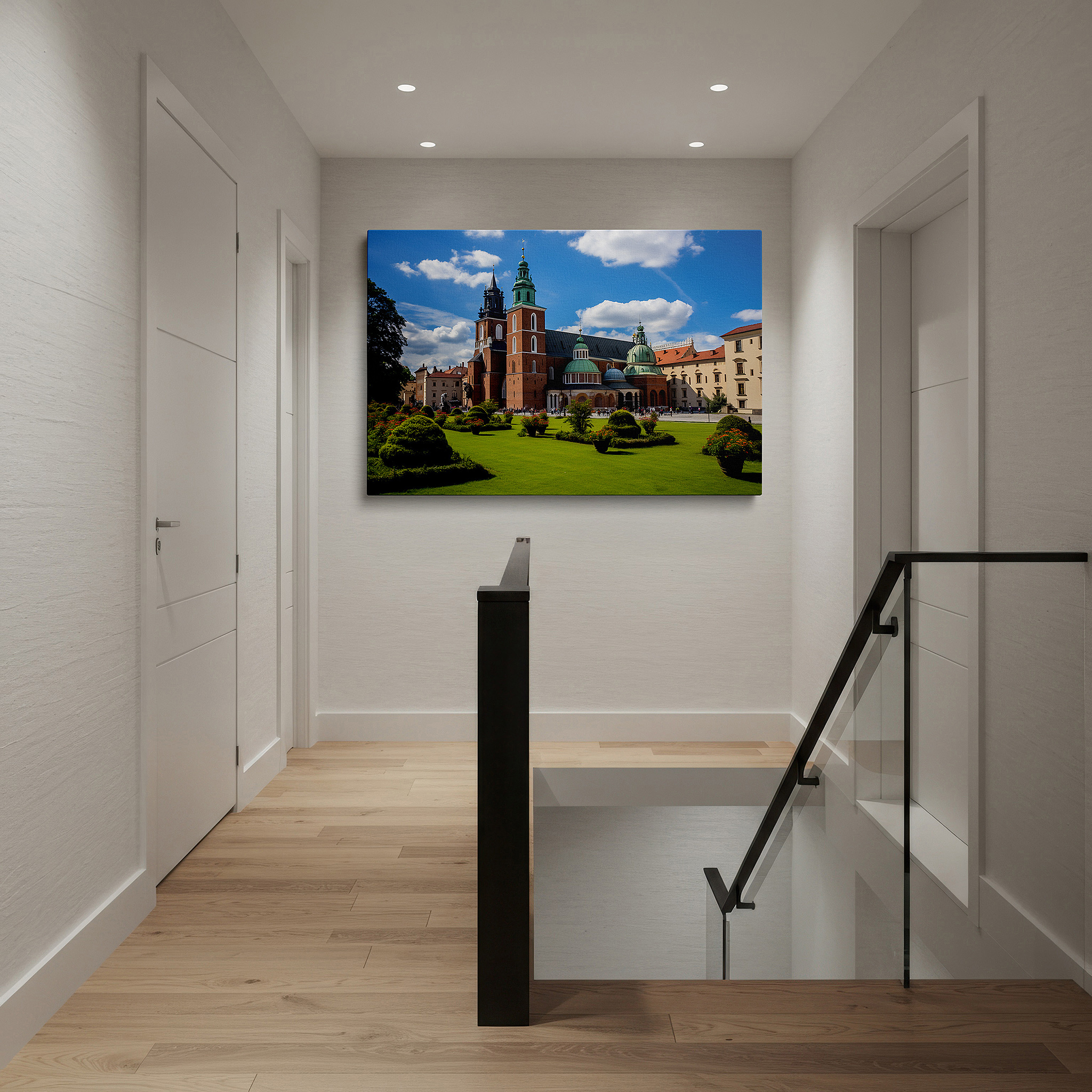 Featured in a dining room with dark wood furniture and candlelight — majestic cathedral surrounded by lush gardens beneath a tranquil blue sky large wall art, canvas wall art, wall decor for office and bedroom