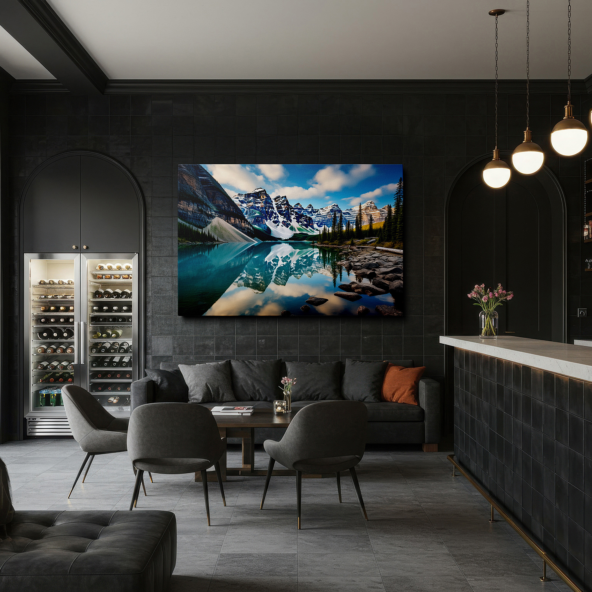 Featured in a dining room with dark wood furniture and candlelight — majestic mountain peaks and serene lake reflections large wall art, canvas wall art, wall decor for office and bedroom