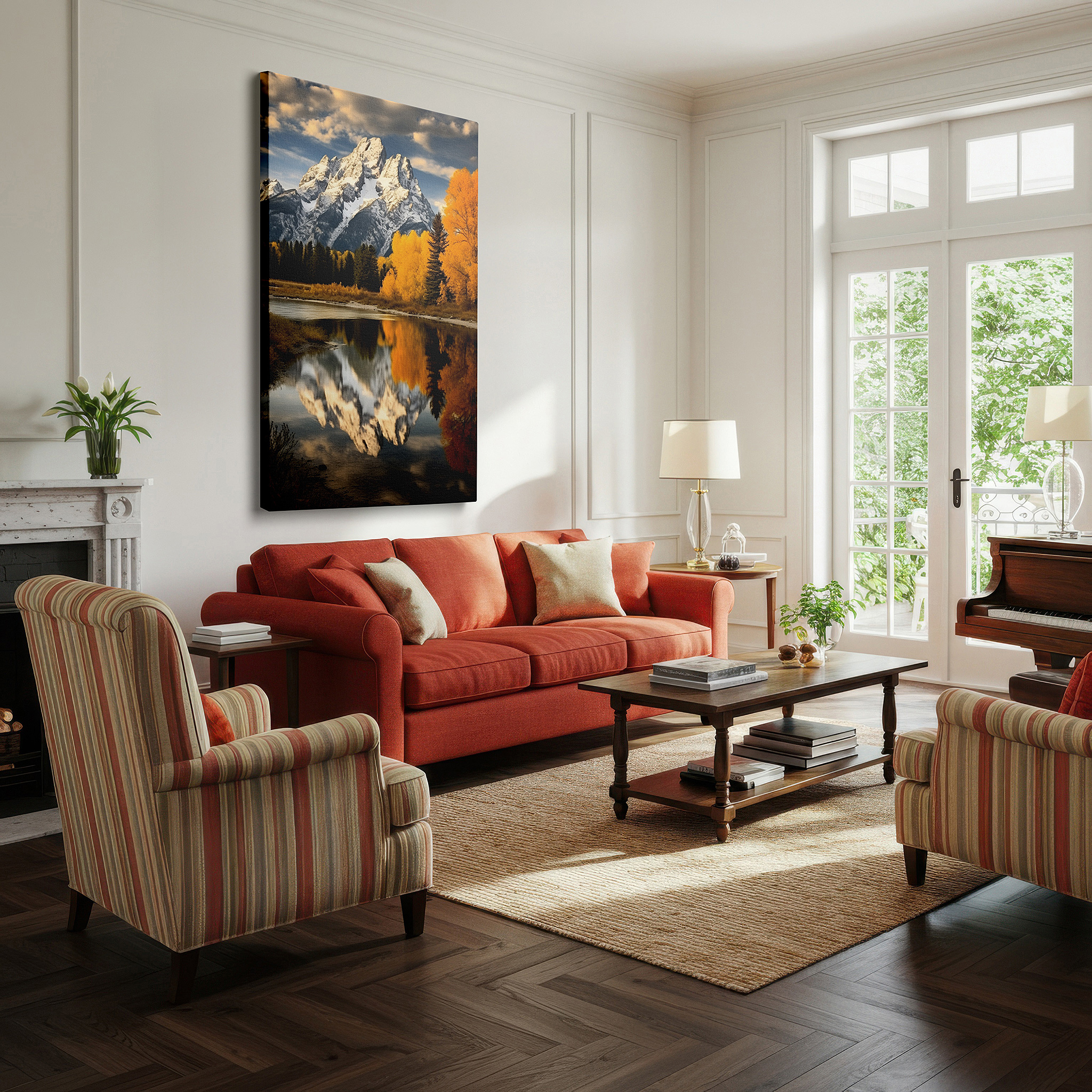 Featured in a dining room with dark wood furniture and candlelight — majestic mountains and autumn reflections in a tranquil lake: large canvas wall art for office, bedroom, and living room decor