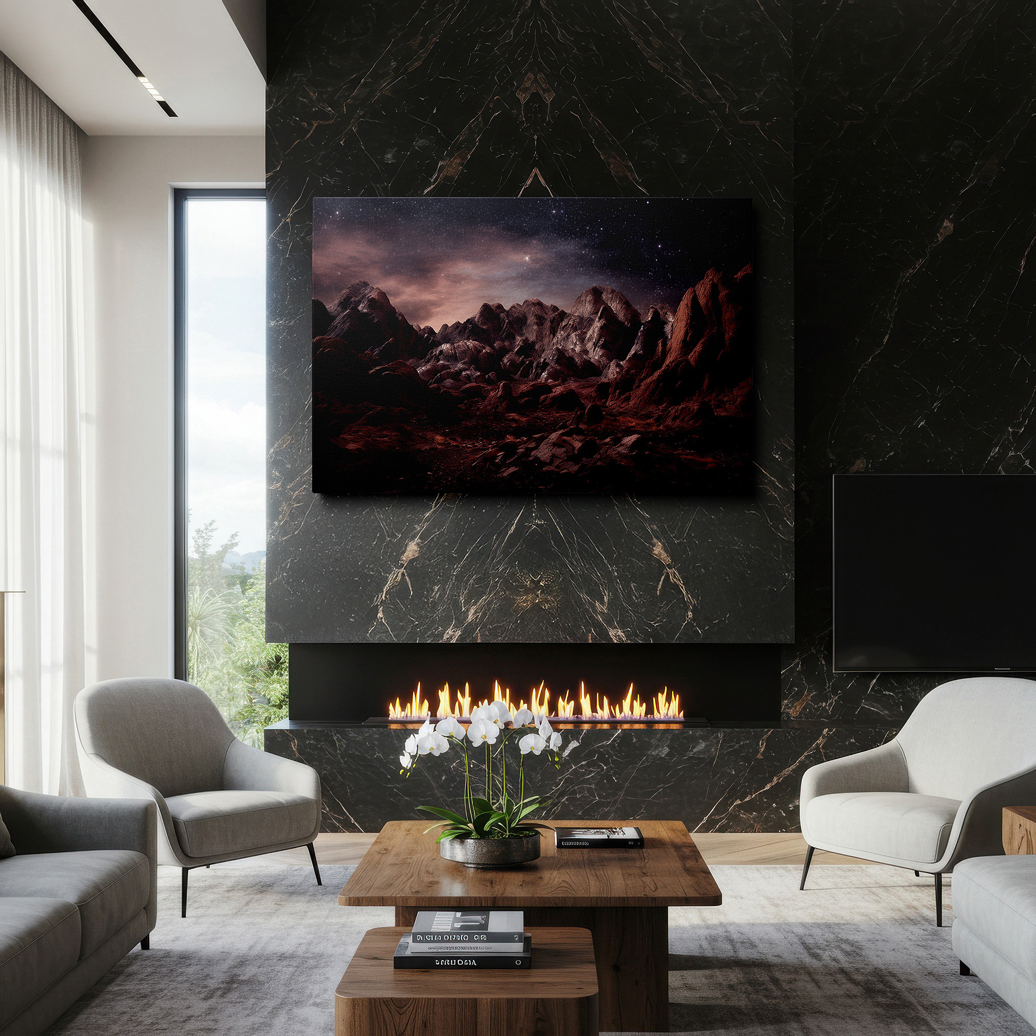Featured in a dining room with dark wood furniture and candlelight — majestic mountains beneath starry skies at dusk - expansive natural scenery wall art, large canvas print, home and office decor, bedroom wall art