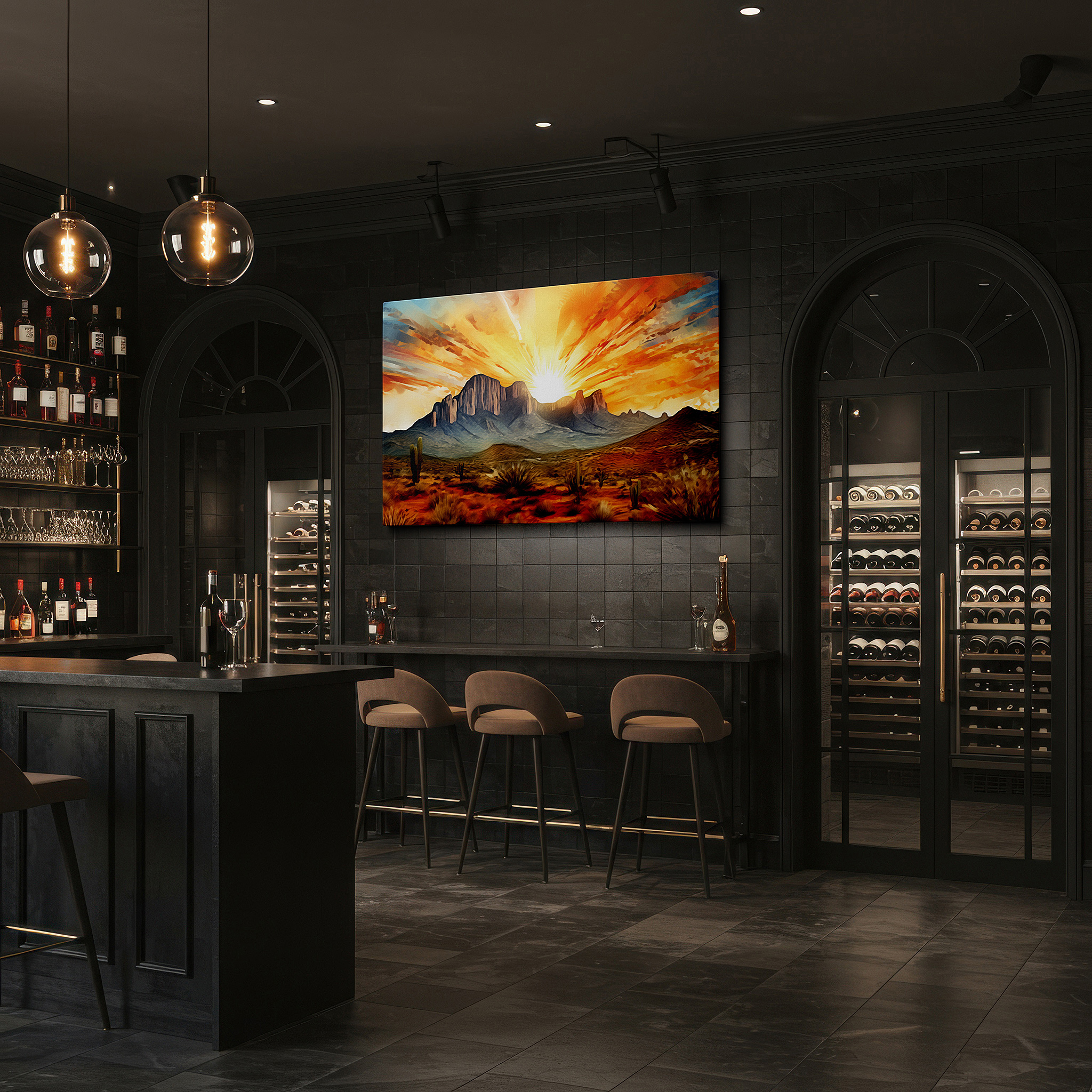 Featured in a dining room with dark wood furniture and candlelight — majestic mountains silhouetted against a vibrant sunset sky - large canvas wall art for office and bedroom decor