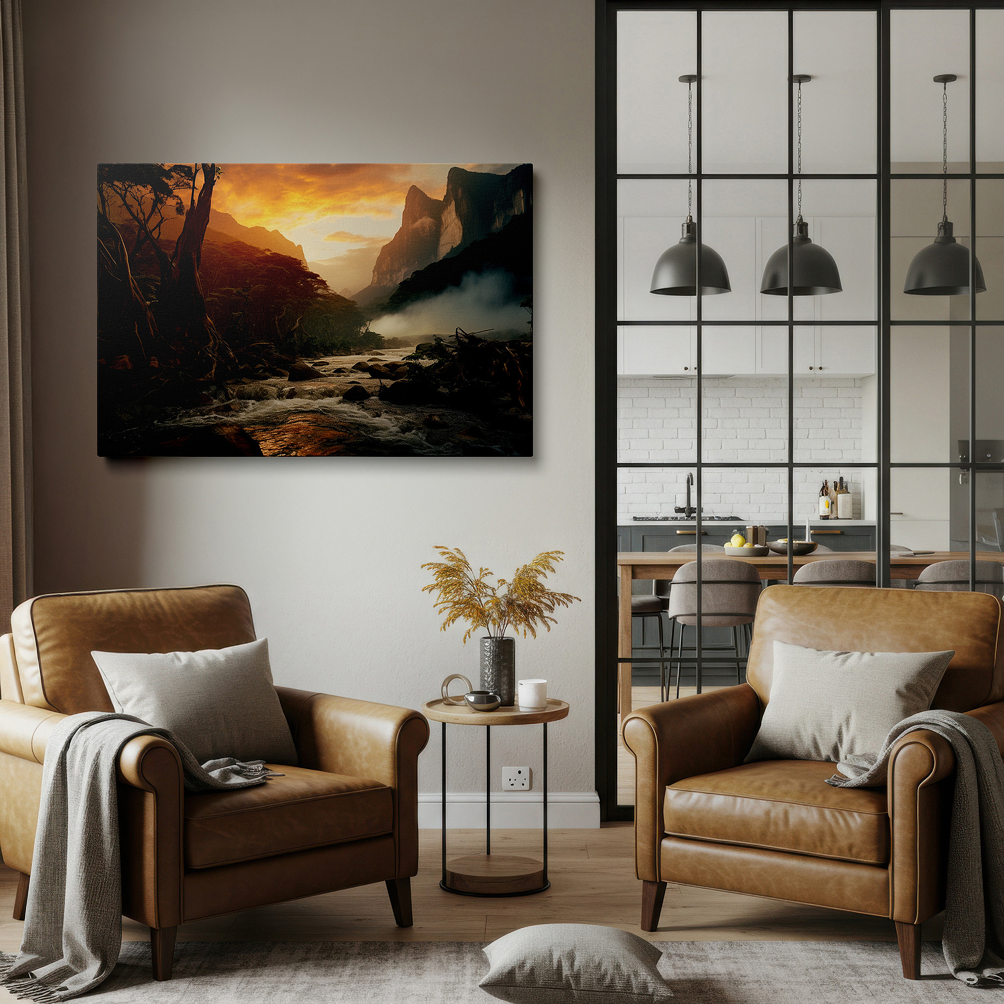 Featured in a dining room with dark wood furniture and candlelight — majestic peaks and misty dawns - exquisite depiction of nature's splendor large wall art, canvas wall art, wall decor, office wall art, bedroom wall art