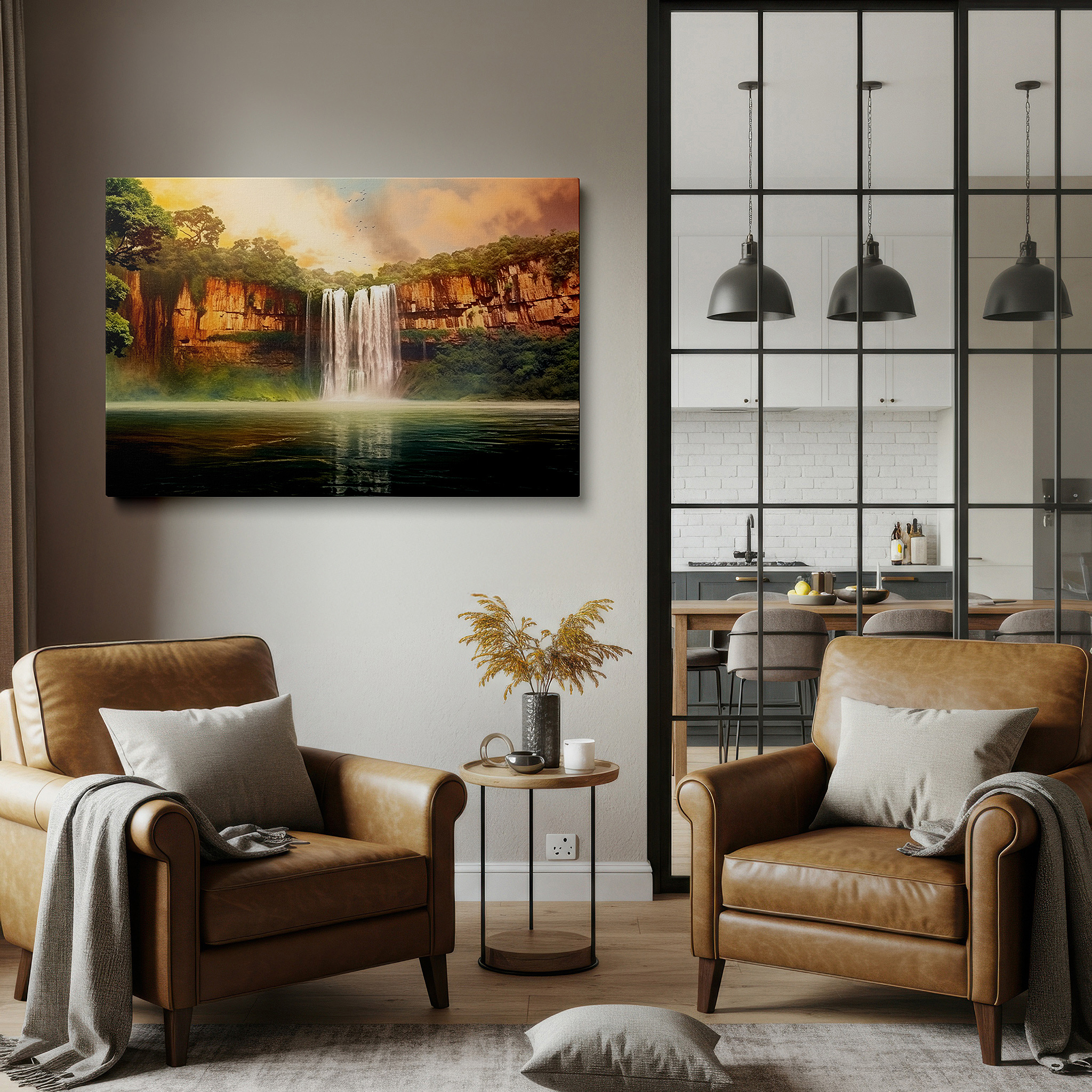 Featured in a dining room with dark wood furniture and candlelight — majestic waterfall canvas wall art: rugged cliffs and lush greenery illuminated by sunset hues