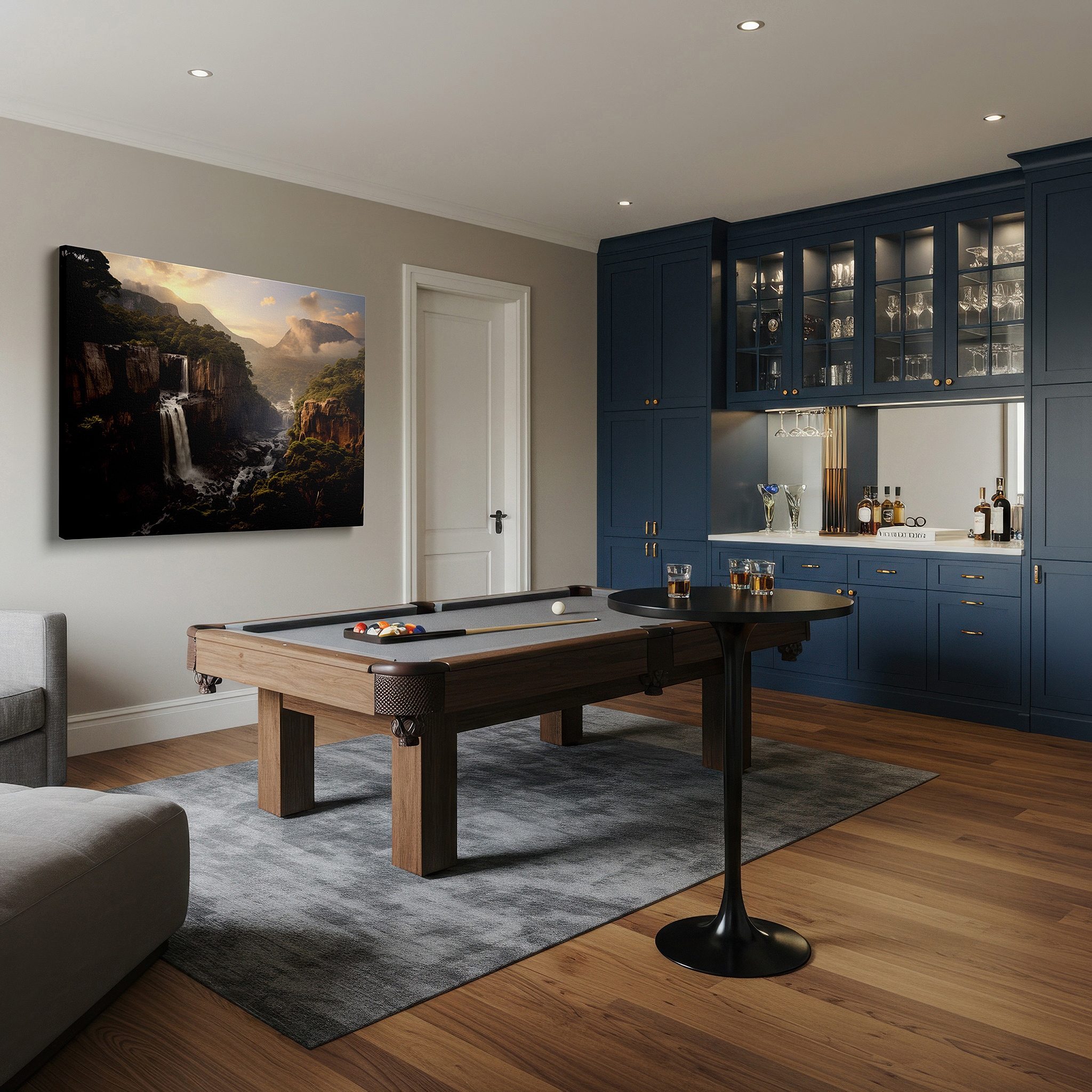 Featured in a dining room with dark wood furniture and candlelight — majestic waterfall flowing through verdant jungle, serene pool beneath, large canvas wall art, wall decor for office and bedroom
