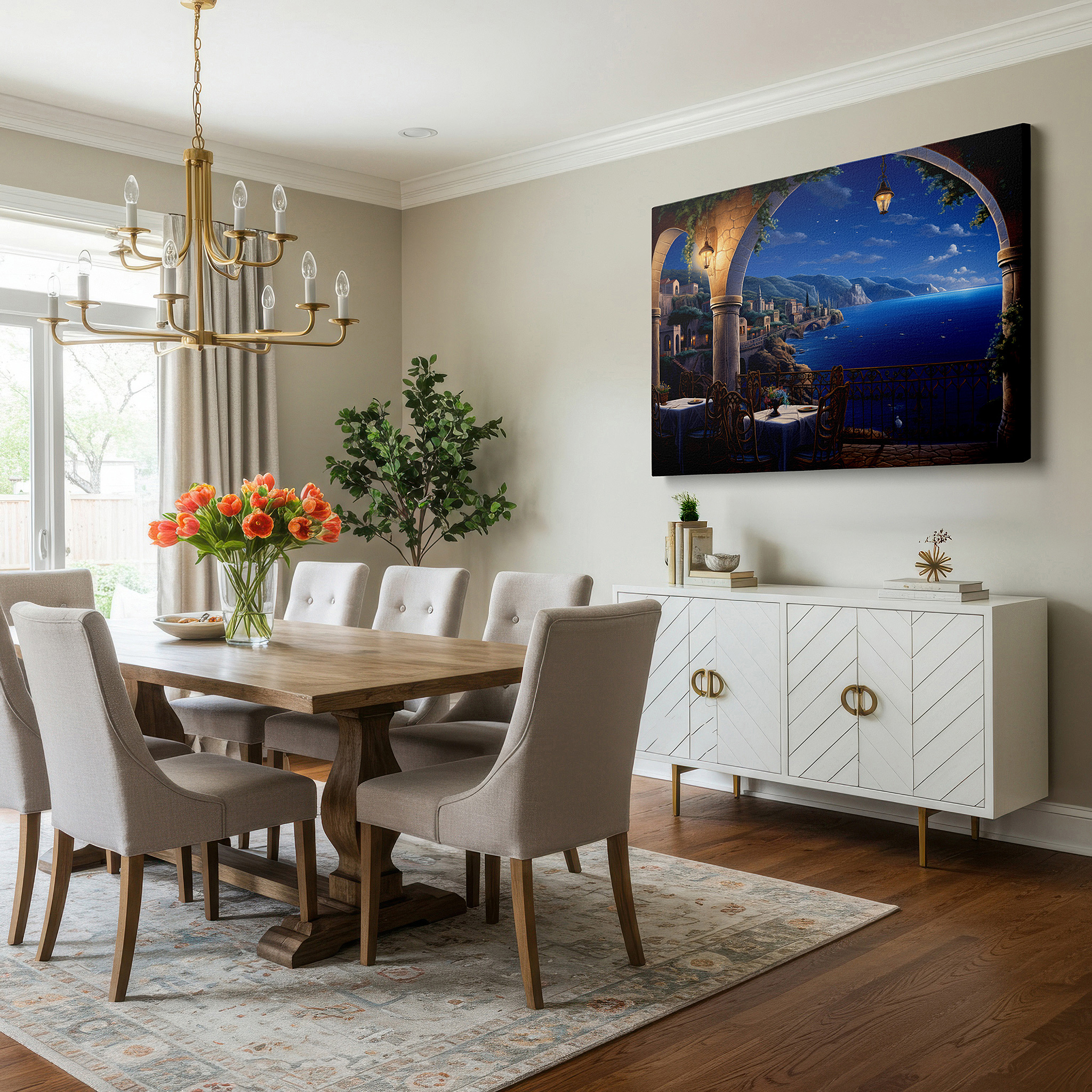 Featured in a dining room with dark wood furniture and candlelight — mediterranean retreat canvas wall art featuring sunset glow and serene sea views for office, bedroom, and living room decor