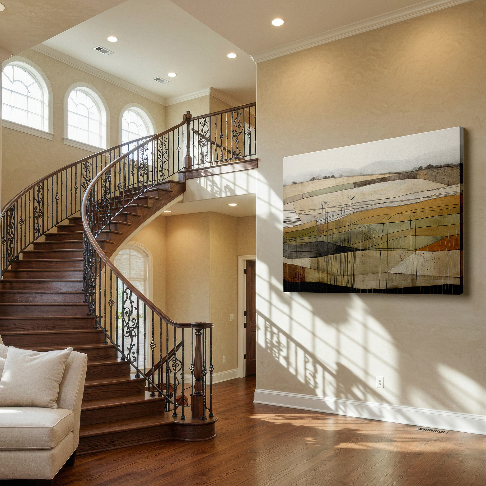 Featured in a dining room with dark wood furniture and candlelight — minimalist landscape with tranquil fields and soft earth tones, large canvas wall art for office and bedroom decor