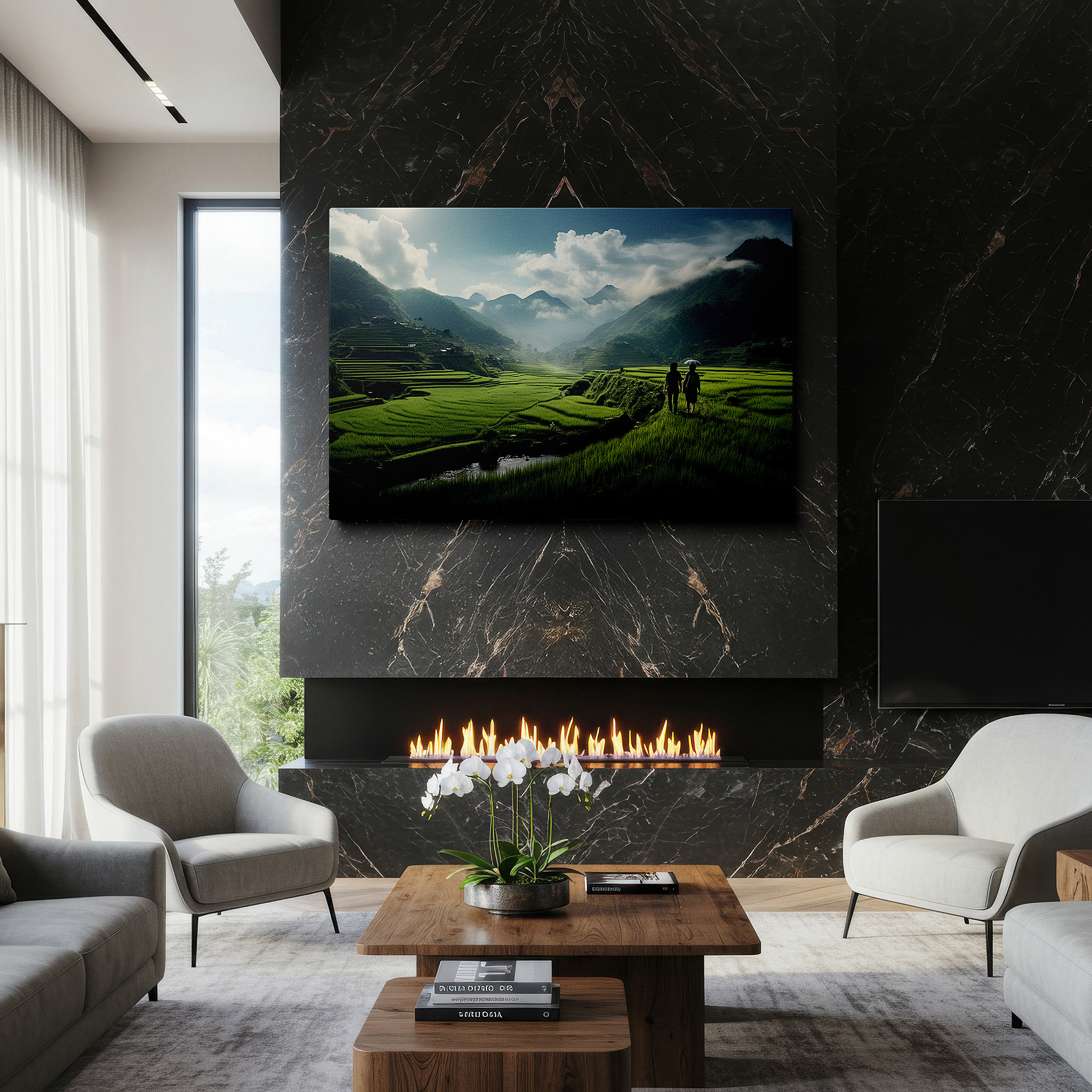 Featured in a dining room with dark wood furniture and candlelight — misty mountains and lush rice terraces serene journey large wall art, canvas wall art, wall decor for office and bedroom