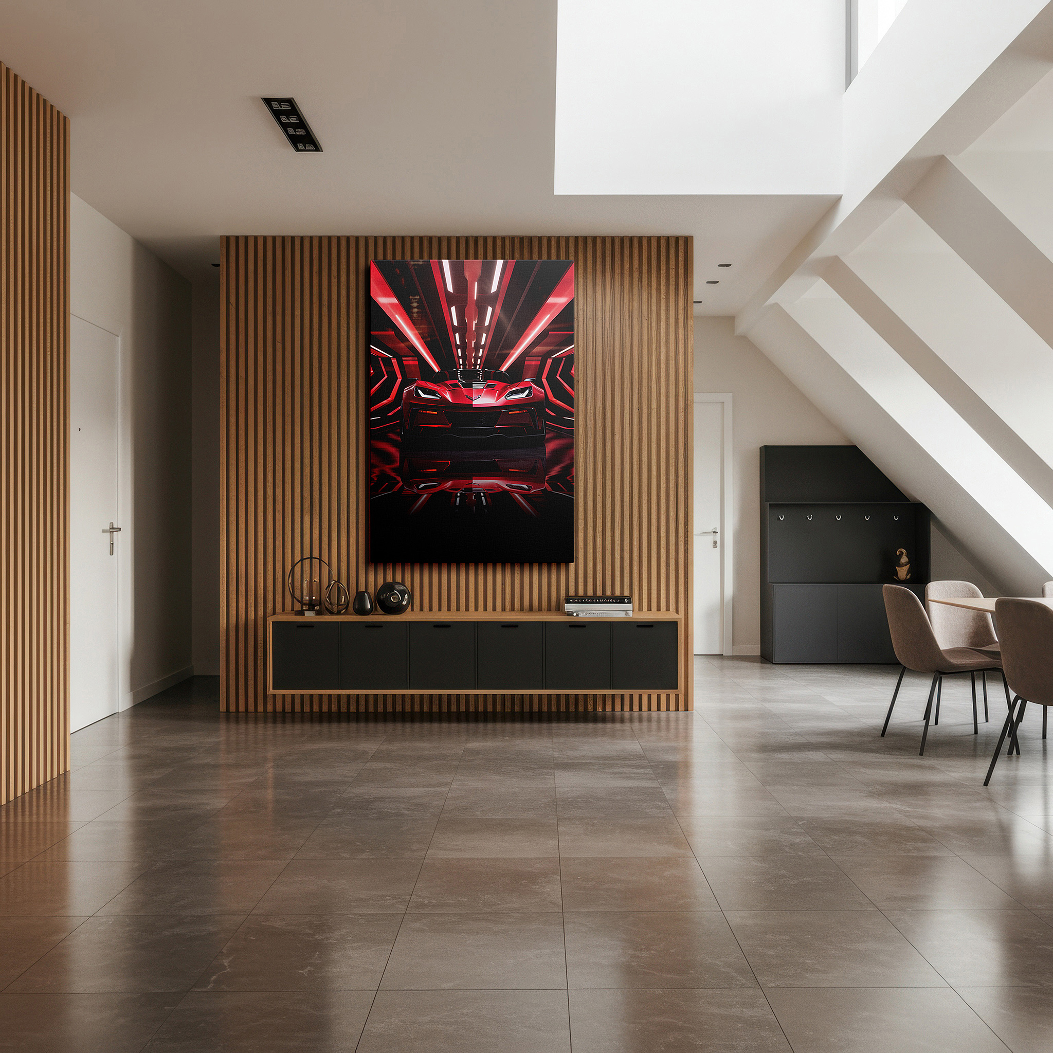 Featured in a dining room with dark wood furniture and candlelight — modern wall art: striking red corvette in a neon futuristic cityscape - large canvas art for office decor
