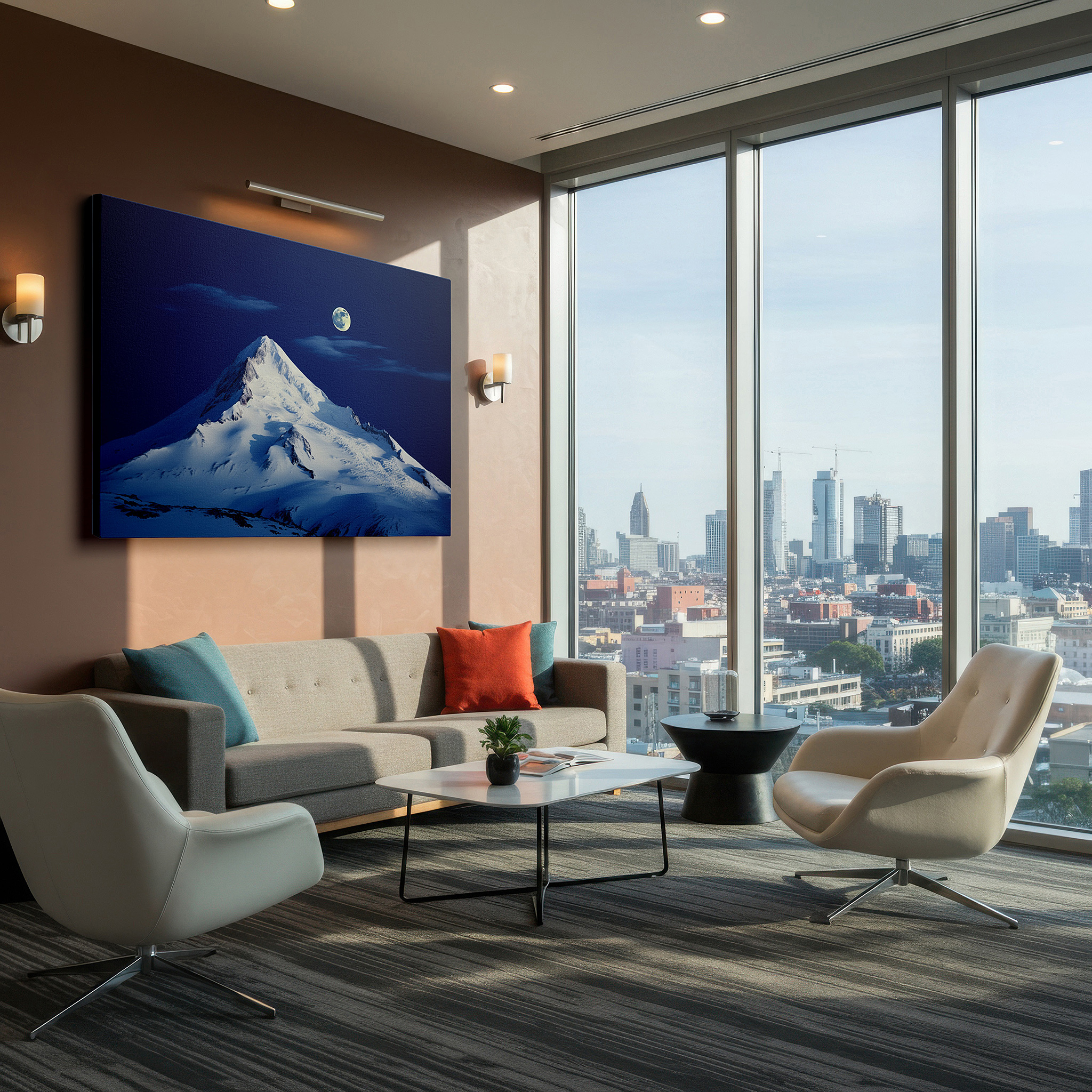 Featured in a dining room with dark wood furniture and candlelight — moonlit majestic mountain peak with starry sky, serene wilderness large canvas wall art for office decor