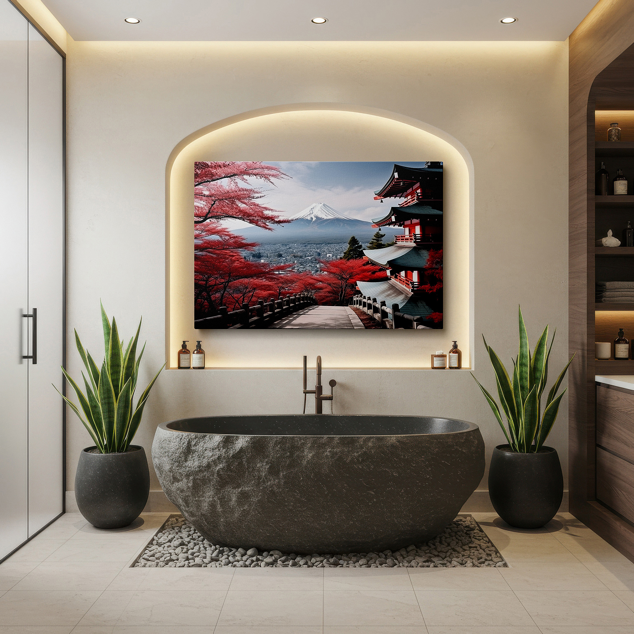 Featured in a dining room with dark wood furniture and candlelight — mount fuji and cherry blossoms featuring a japanese pagoda: a serene fusion of nature and culture - large canvas wall art for office decor
