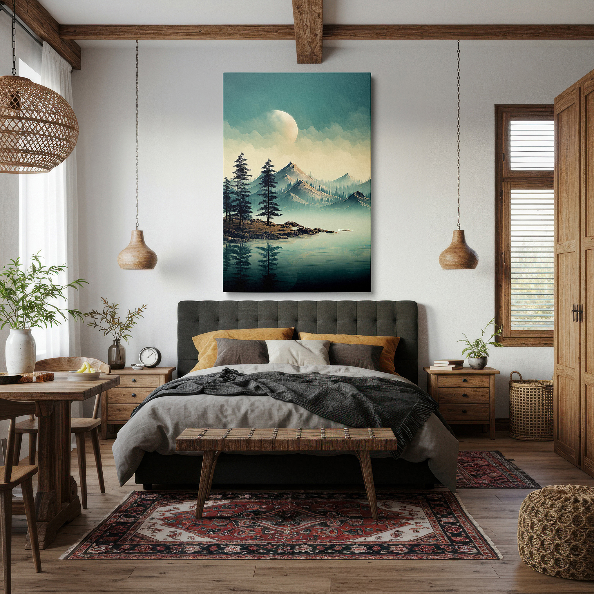 Featured in a dining room with dark wood furniture and candlelight — mystical twilight majesty on ethereal mountain large canvas wall art for office, bedroom, and living room decor