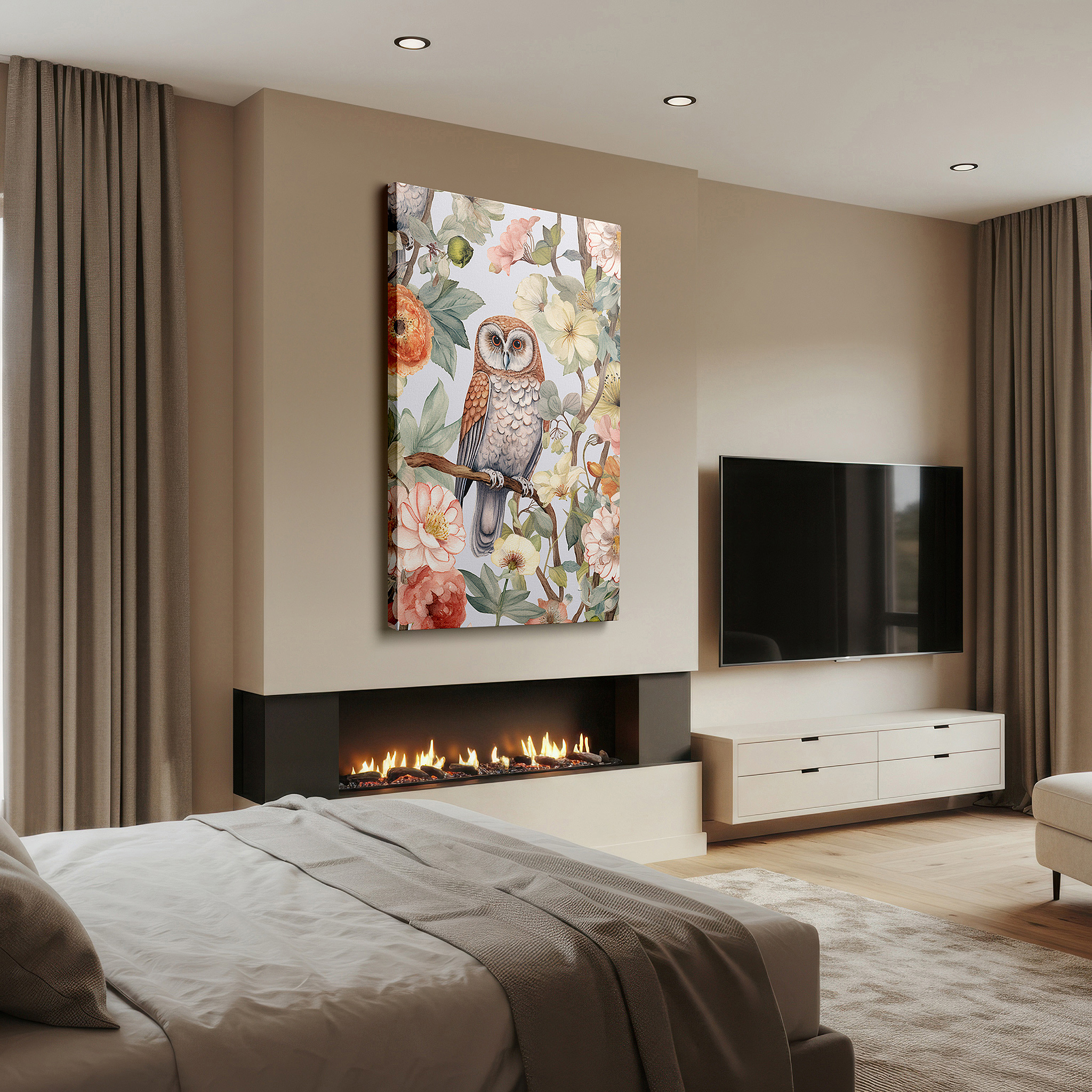 Featured in a dining room with dark wood furniture and candlelight — owl amidst flowers - a harmonious display of wildlife and natural splendor, large canvas wall art for home and office decor
