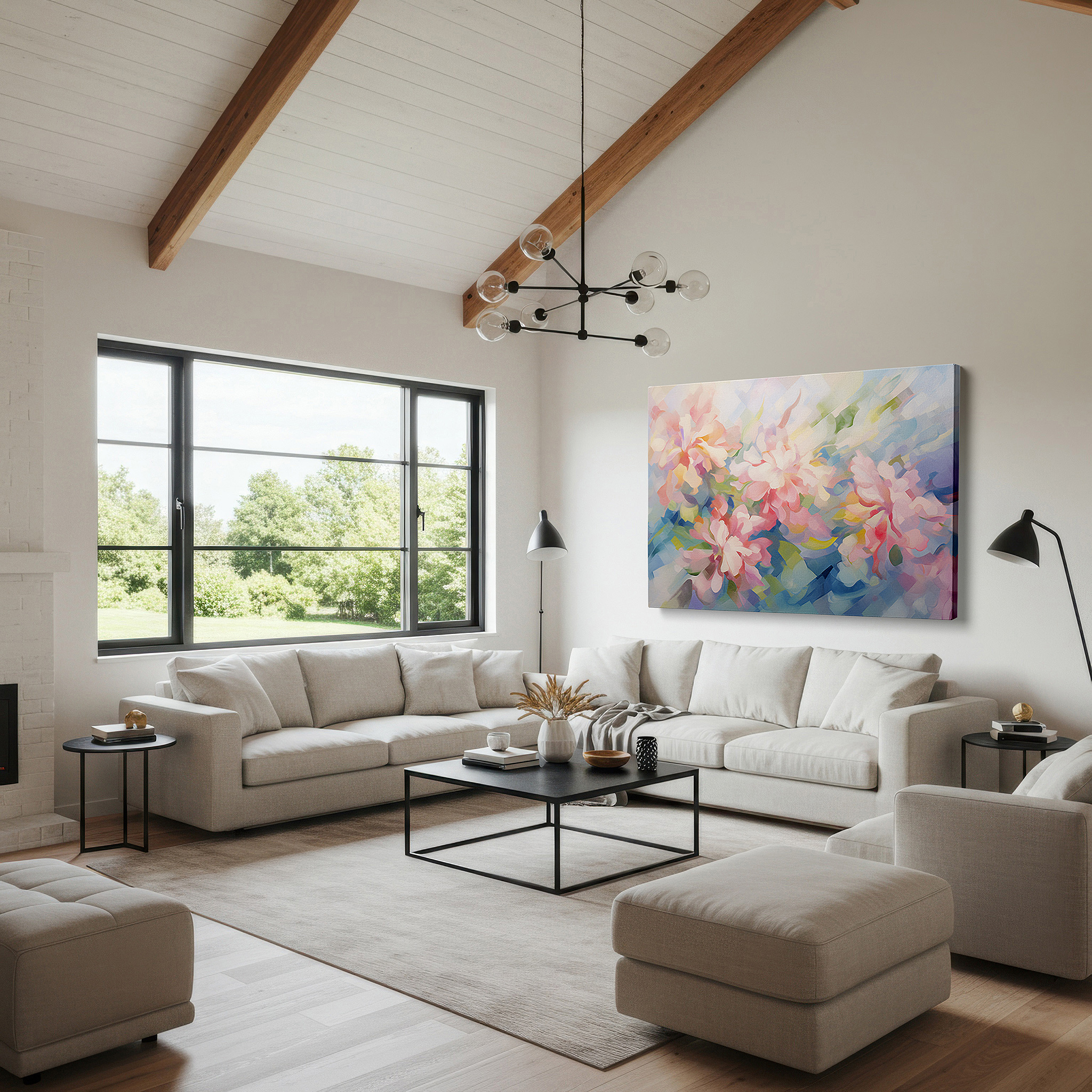 Featured in a dining room with dark wood furniture and candlelight — pastel-toned abstract stylized flowers, serene and soothing large wall art for tranquil spaces, canvas wall art decor for office