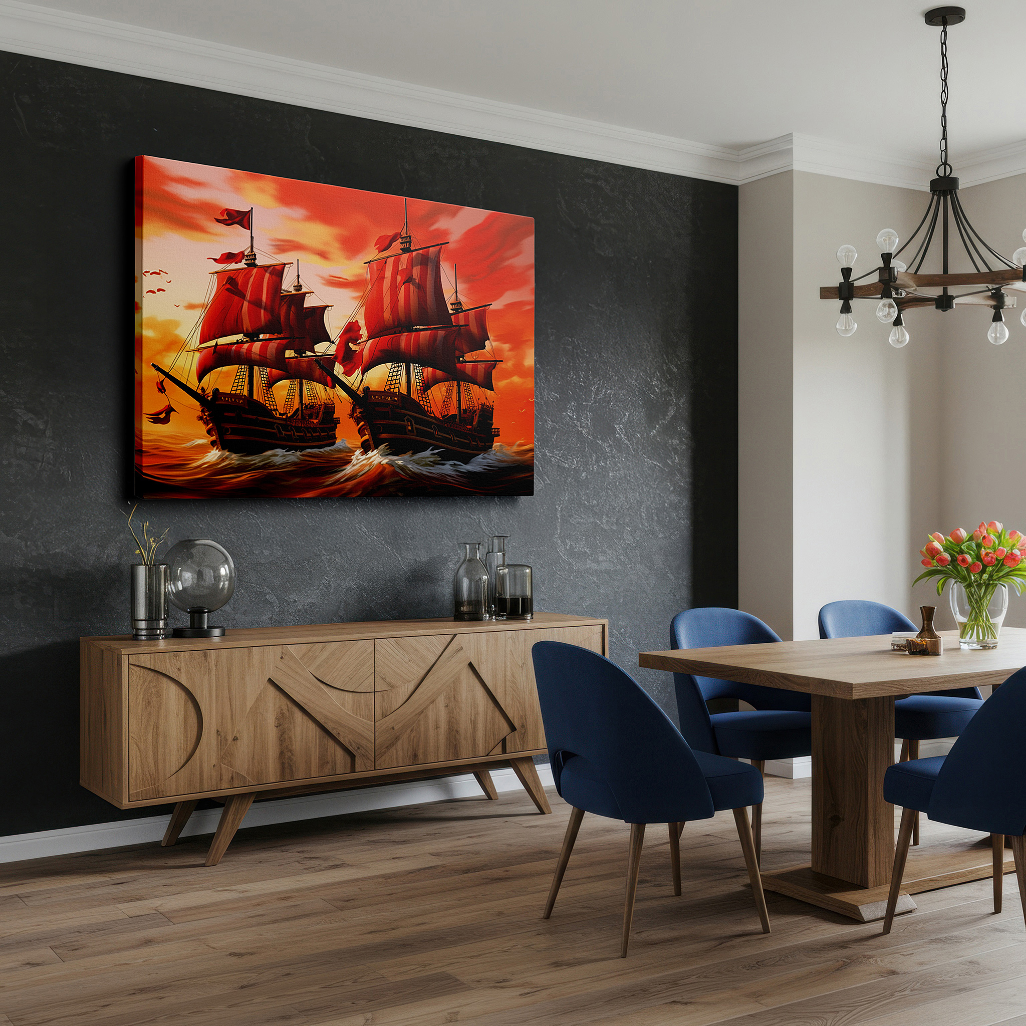 Featured in a dining room with dark wood furniture and candlelight — pirate ships outlined in sunset, inspiring adventure and romance - large wall art, canvas print, home and office decor