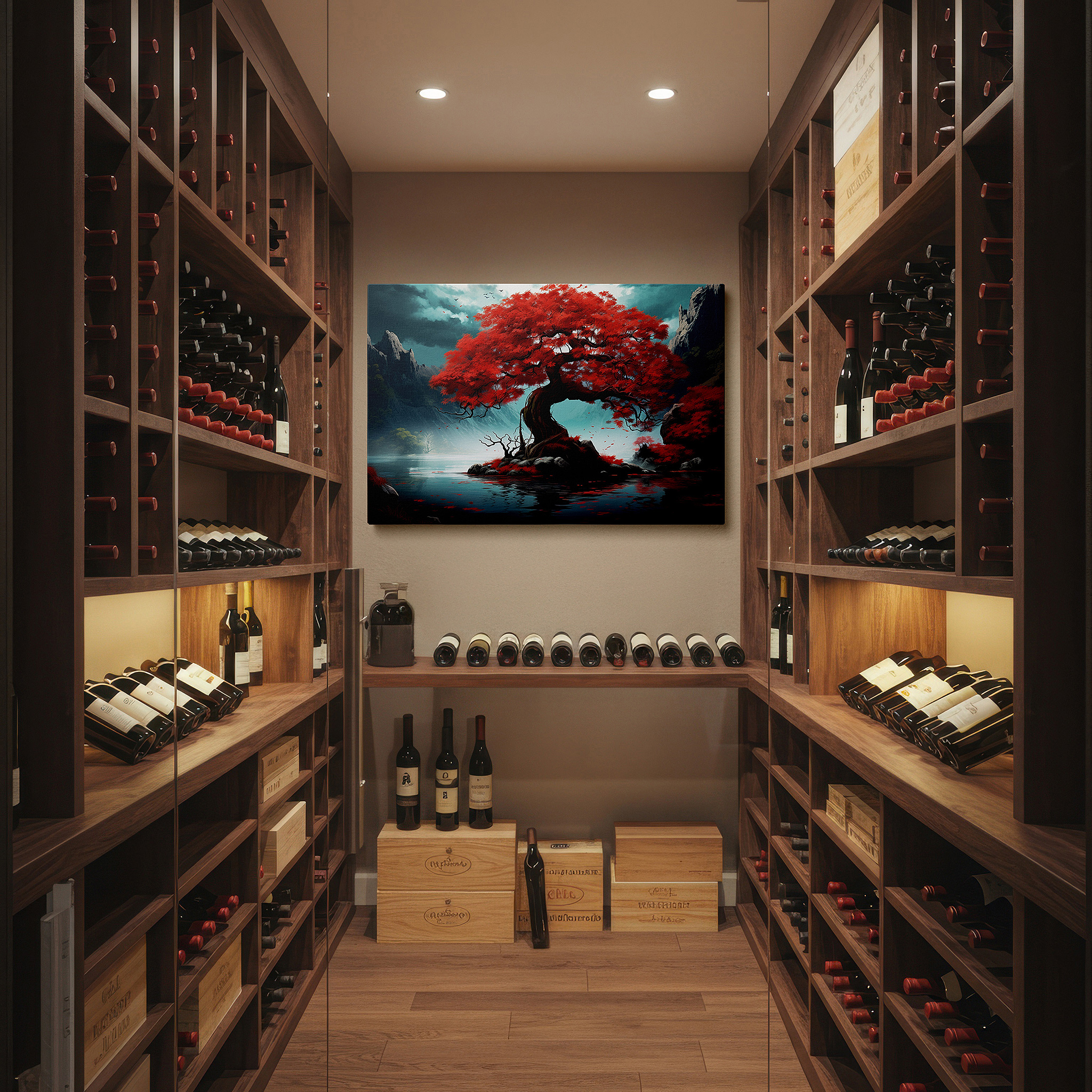 Featured in a dining room with dark wood furniture and candlelight — red maple majesty over peaceful lake, autumn beauty in quiet nature, large wall art, canvas wall art, wall decor for office and bedroom
