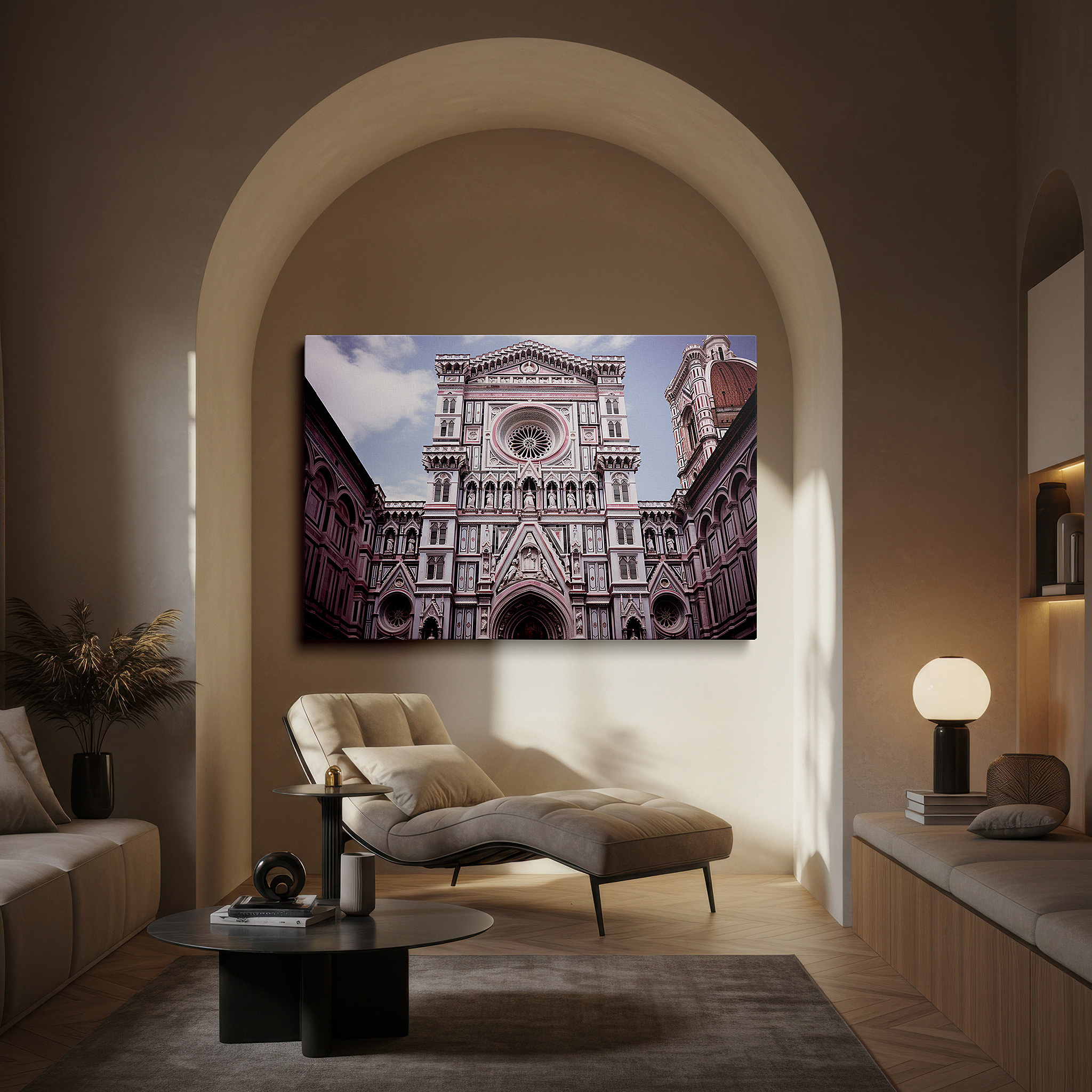 Featured in a dining room with dark wood furniture and candlelight — renaissance-inspired wall art: florence cathedral facade large canvas, ideal for office and bedroom decor