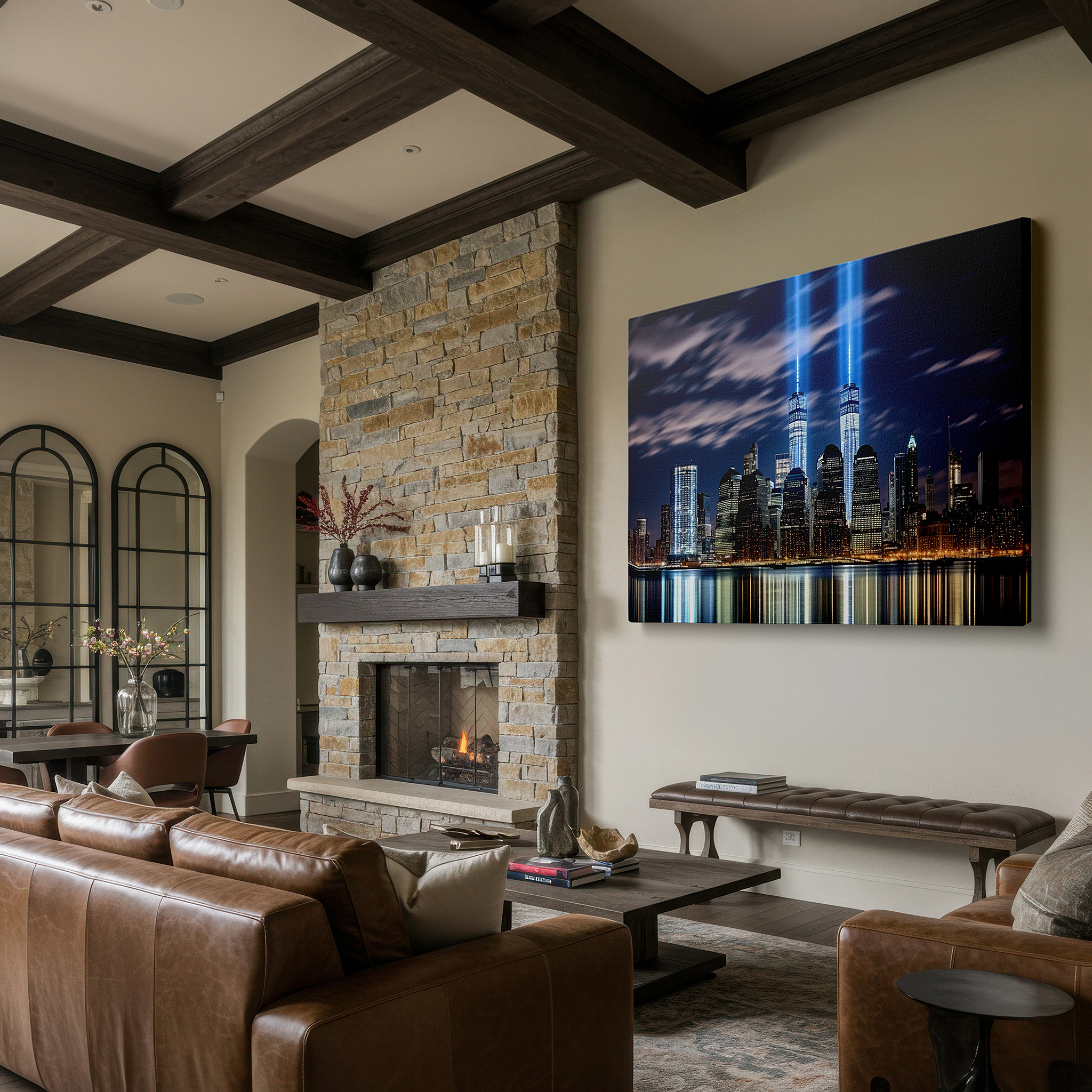 Featured in a dining room with dark wood furniture and candlelight — resilient twin towers and hopeful skyline large nighttime wall art, canvas decor for office and bedroom