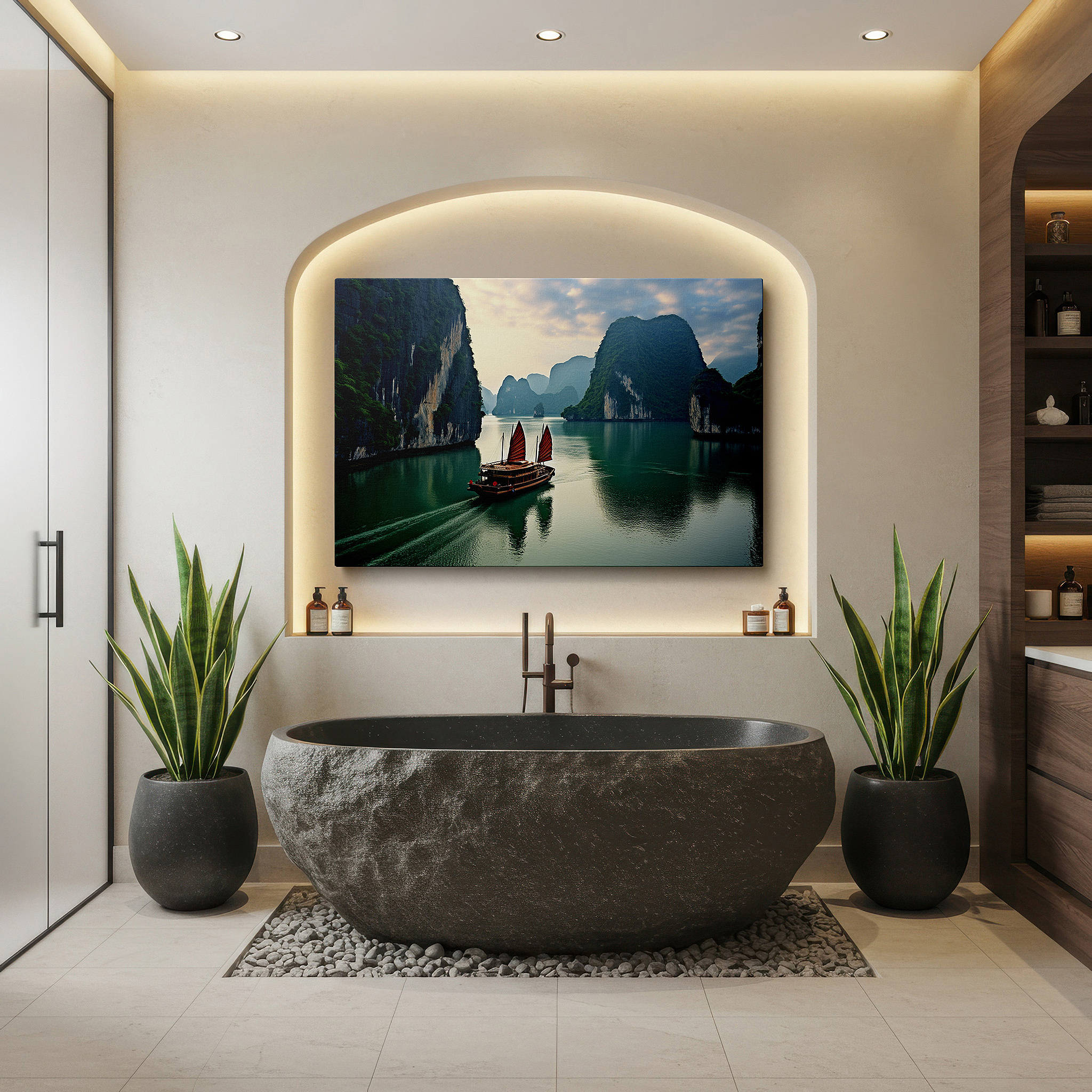 Featured in a dining room with dark wood furniture and candlelight — serene afternoon in halong bay featuring a traditional vietnamese junk boat - large canvas wall art for office and bedroom decor